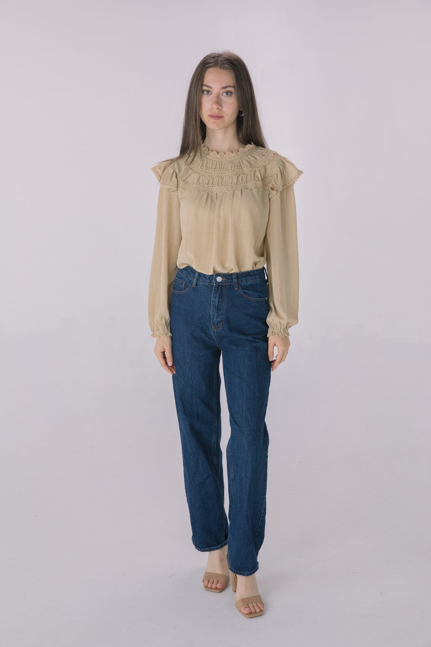 High Neck Ruffle Crochet Blouse