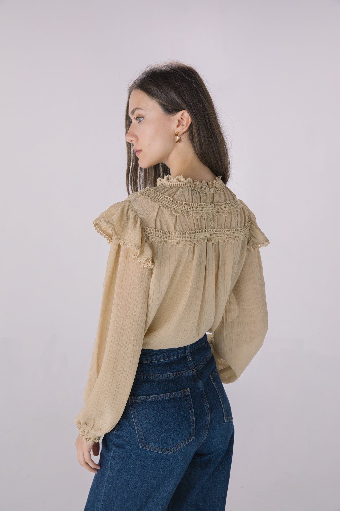 High Neck Ruffle Crochet Blouse