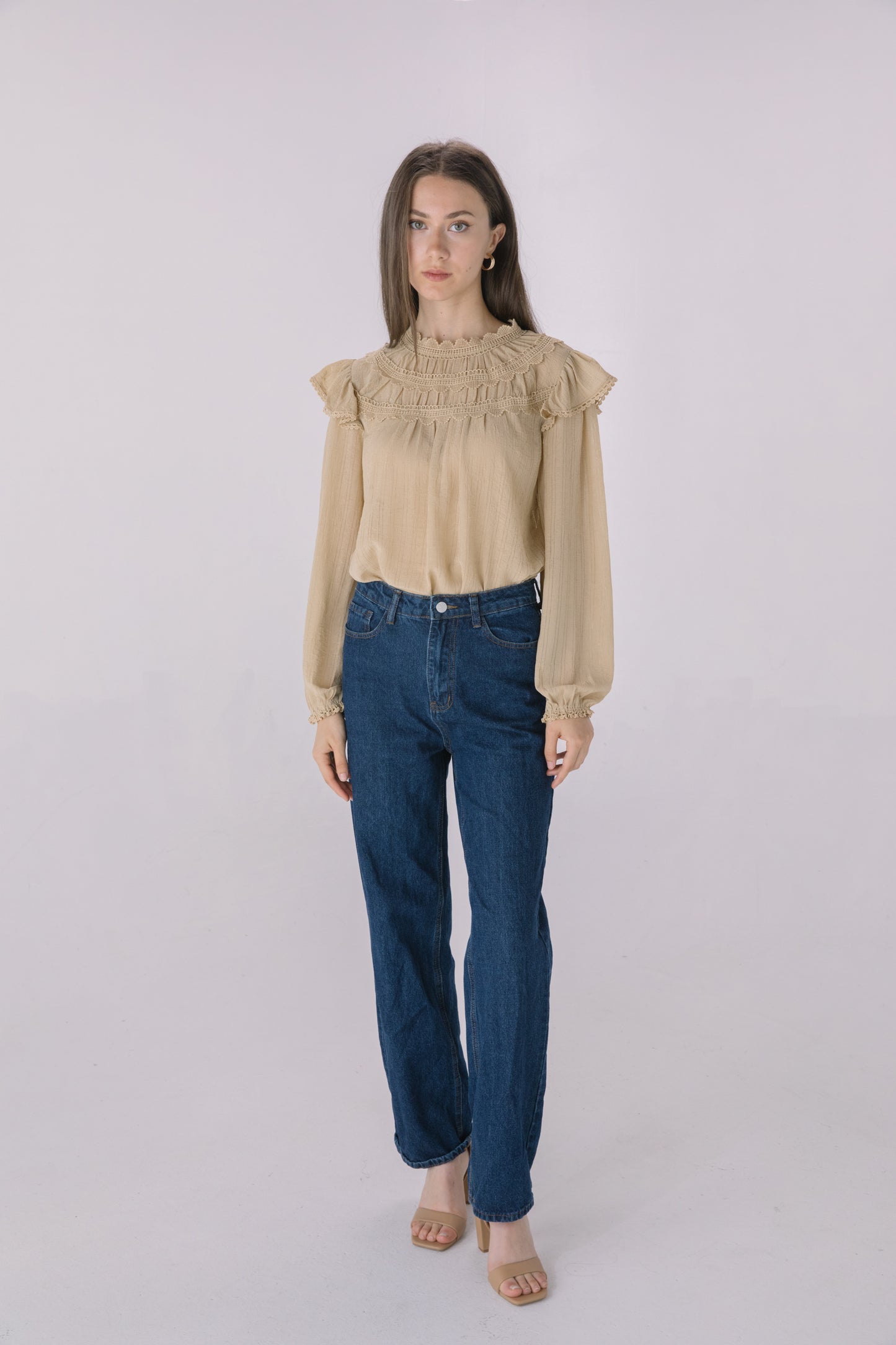 High Neck Ruffle Crochet Blouse