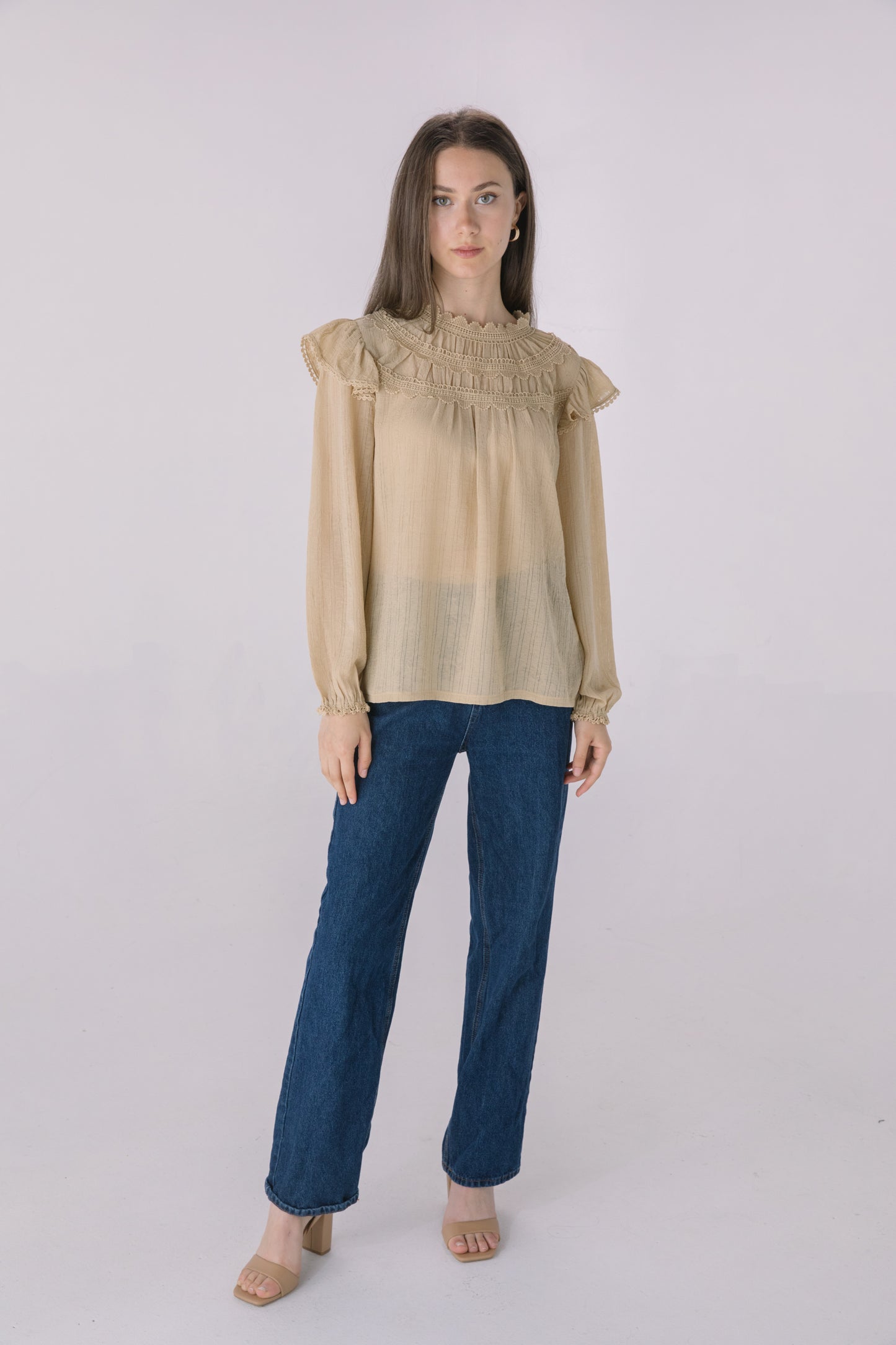 High Neck Ruffle Crochet Blouse