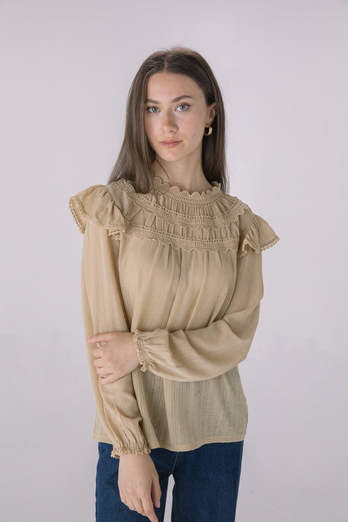 High Neck Ruffle Crochet Blouse