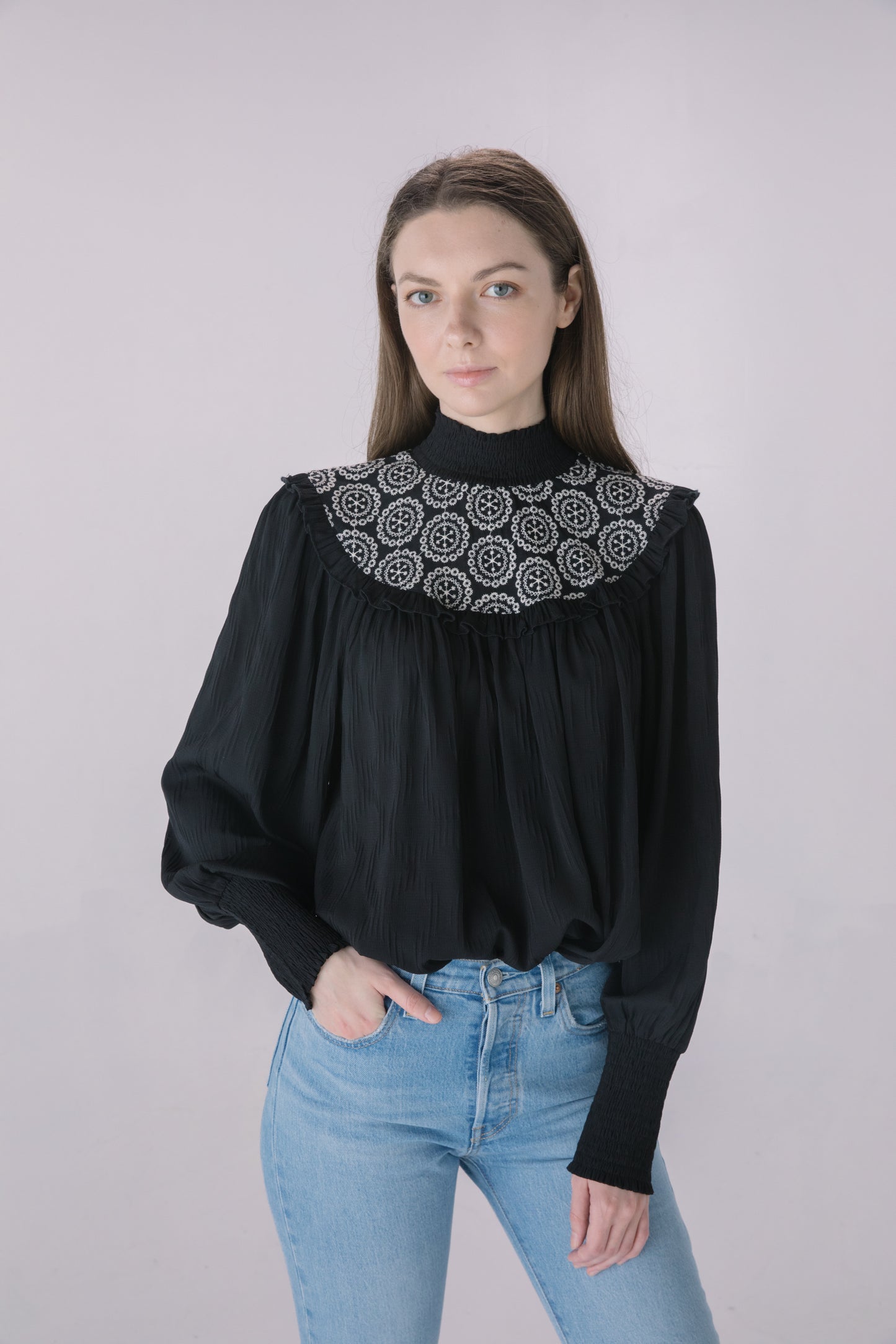 Black Texture Chiffon Smock Blouse
