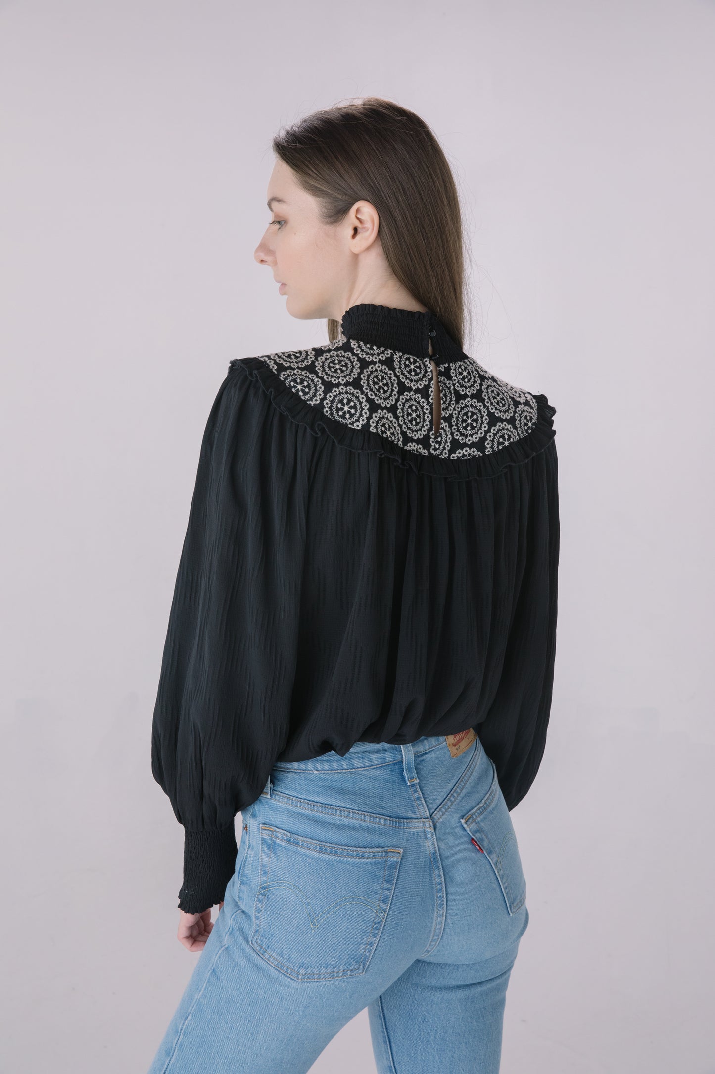 Black Texture Chiffon Smock Blouse