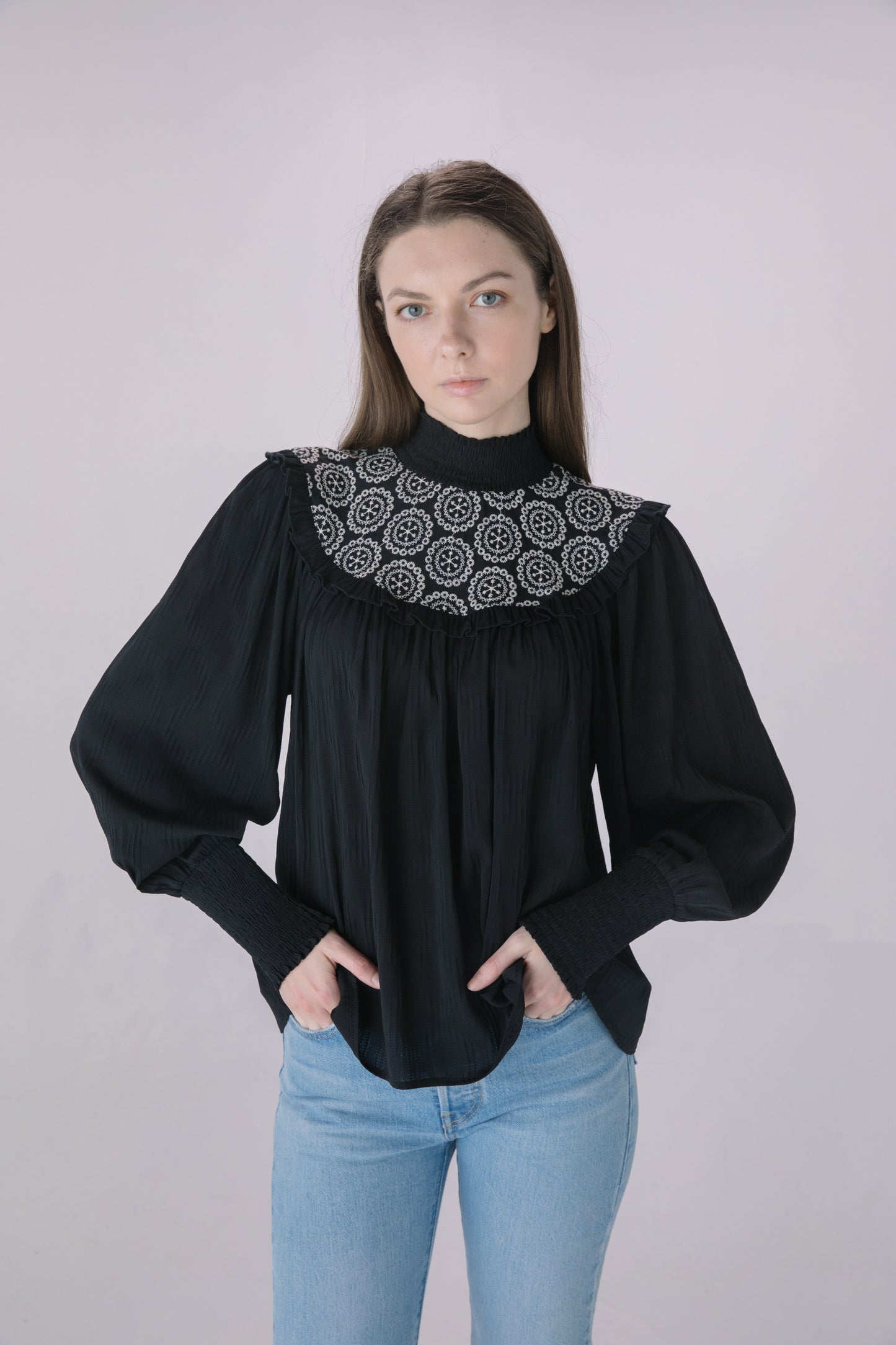 Black Texture Chiffon Smock Blouse