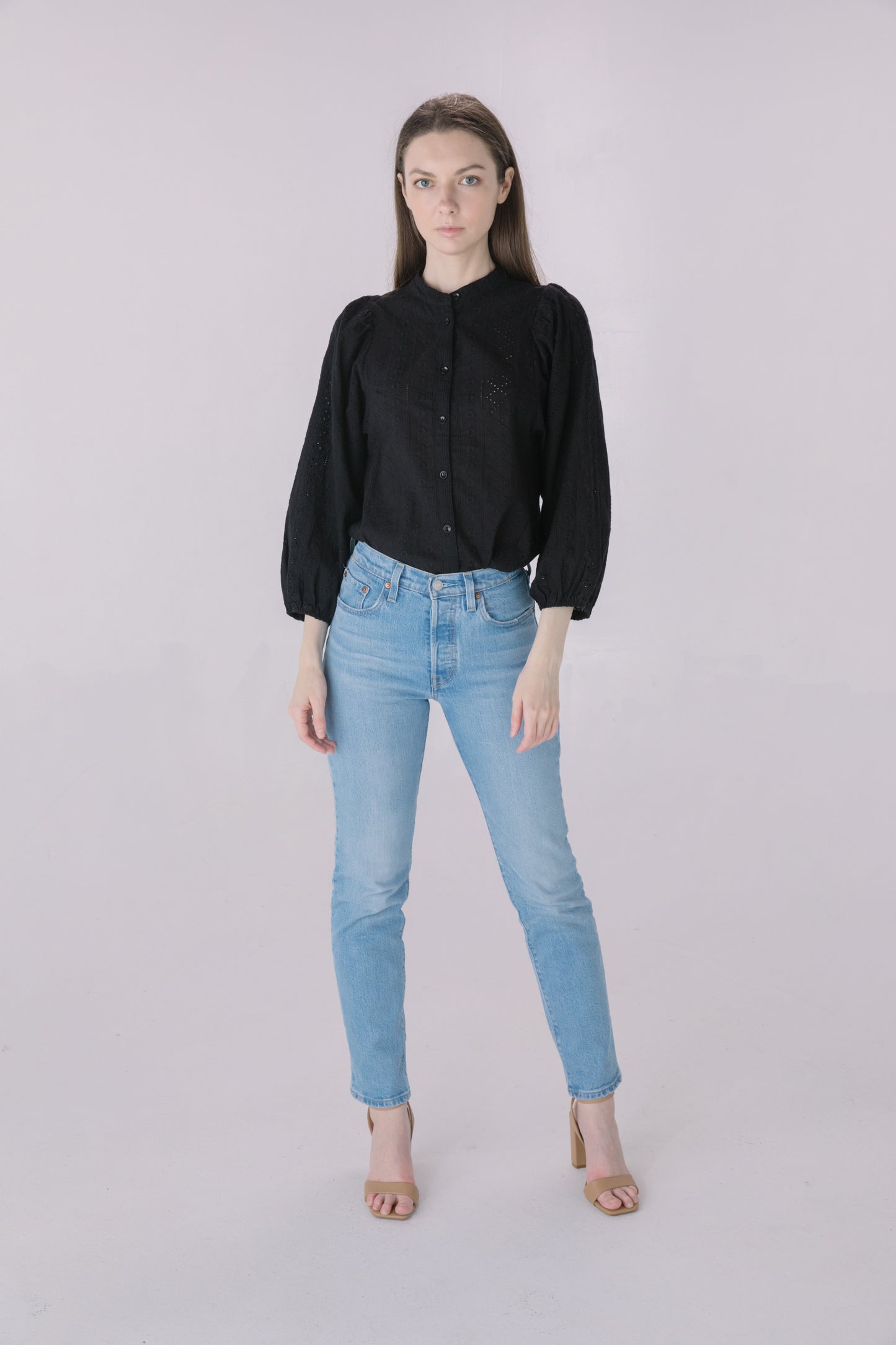 Black Embroidered Eyelet Button Down