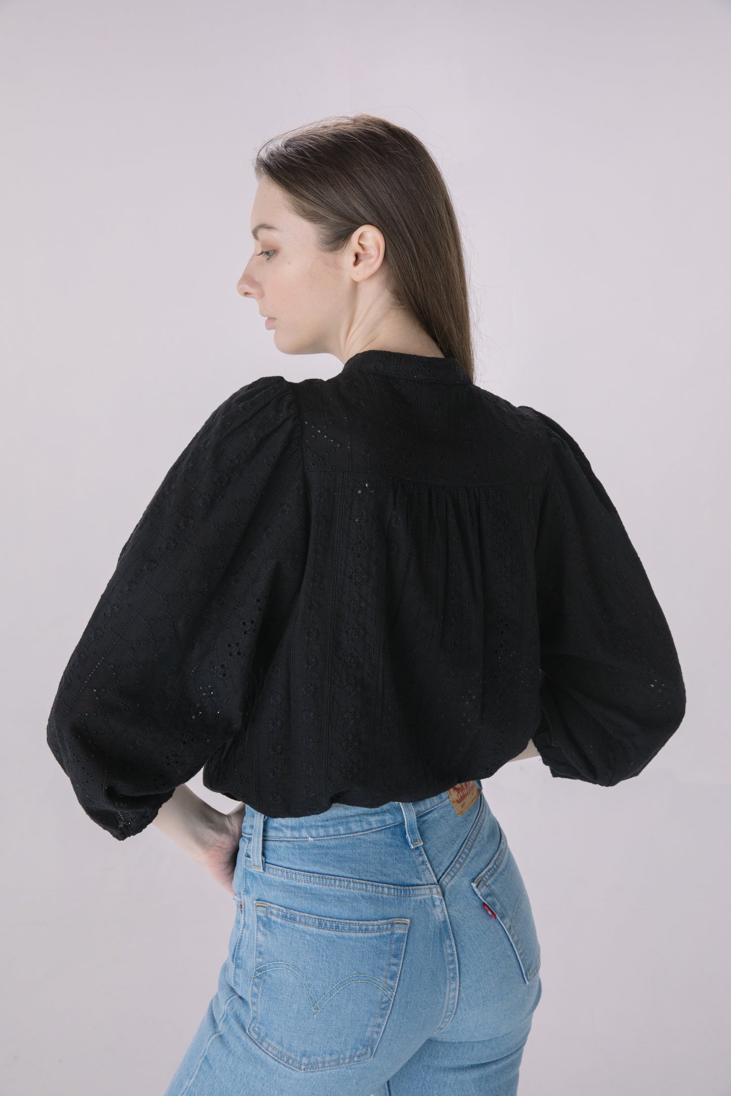 Black Embroidered Eyelet Button Down