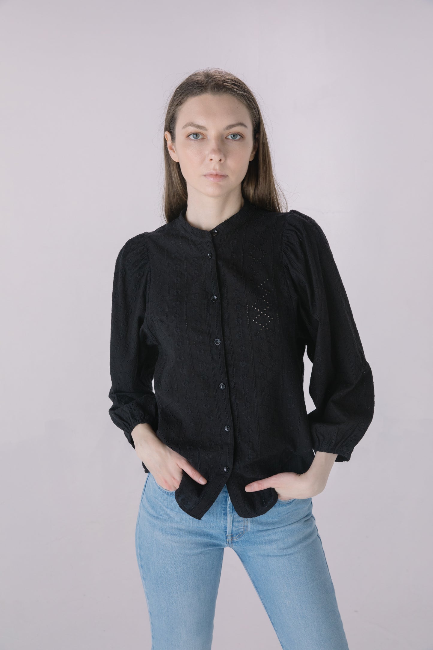 Black Embroidered Eyelet Button Down