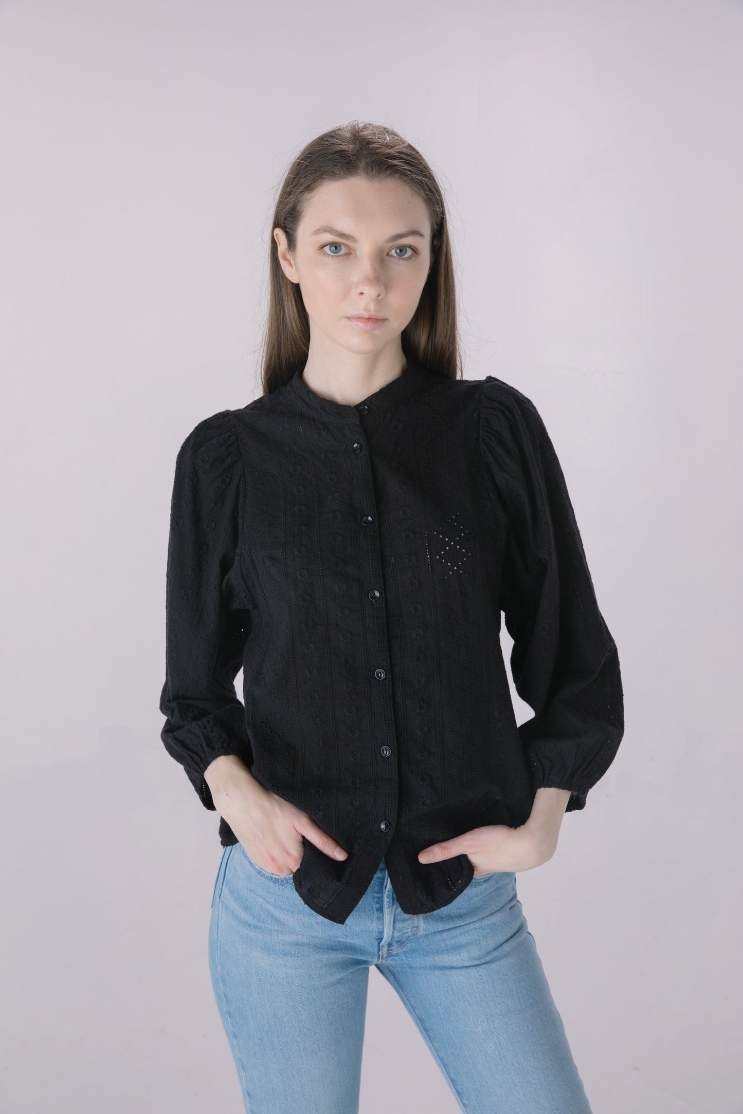 Black Embroidered Eyelet Button Down