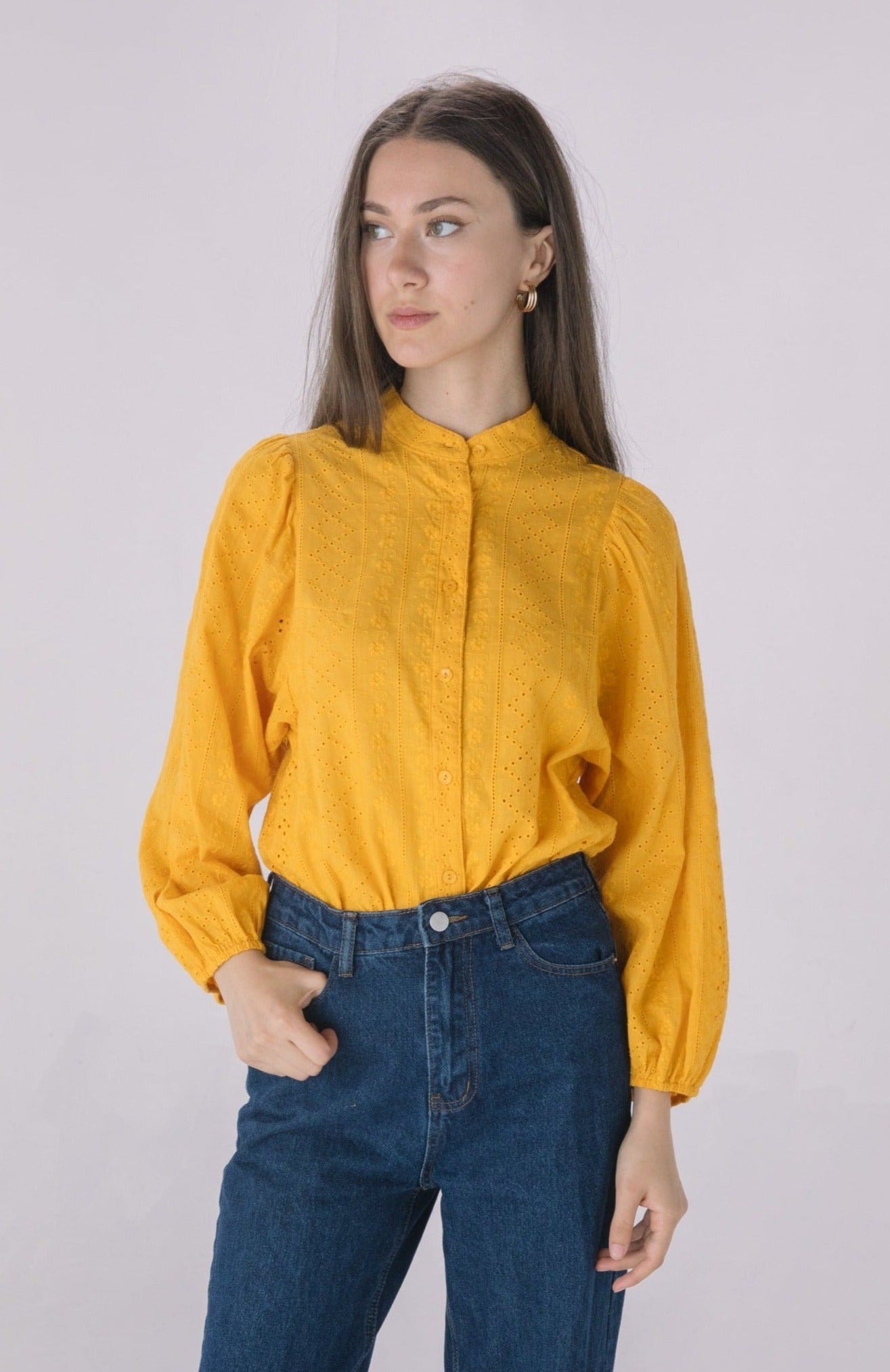Mustard Embroidered Eyelet Button Down