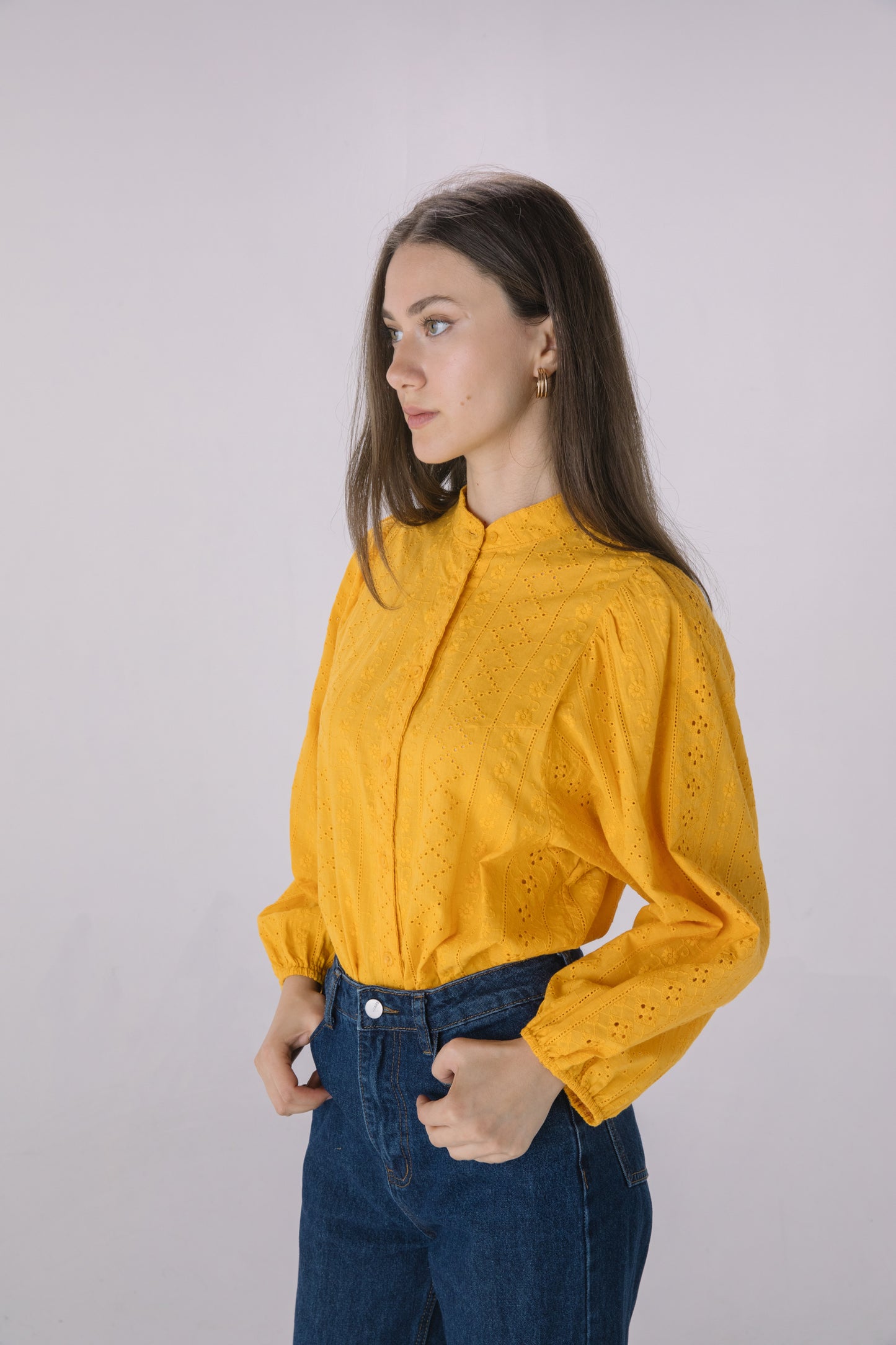 Mustard Embroidered Eyelet Button Down