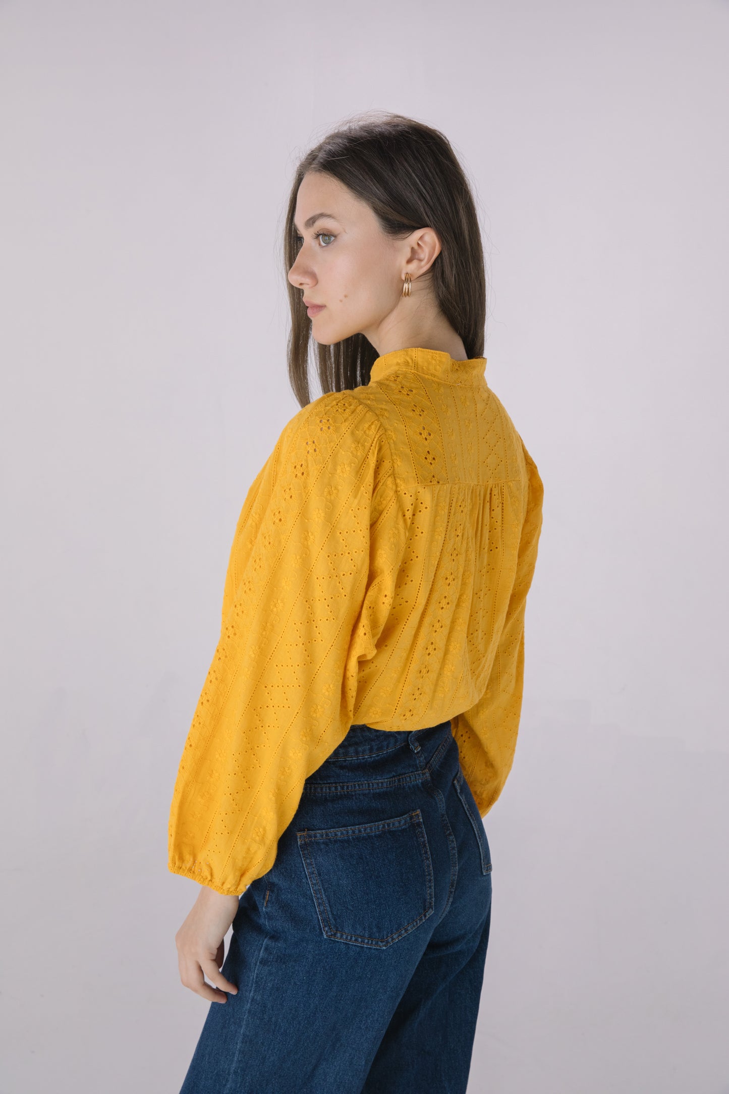 Mustard Embroidered Eyelet Button Down