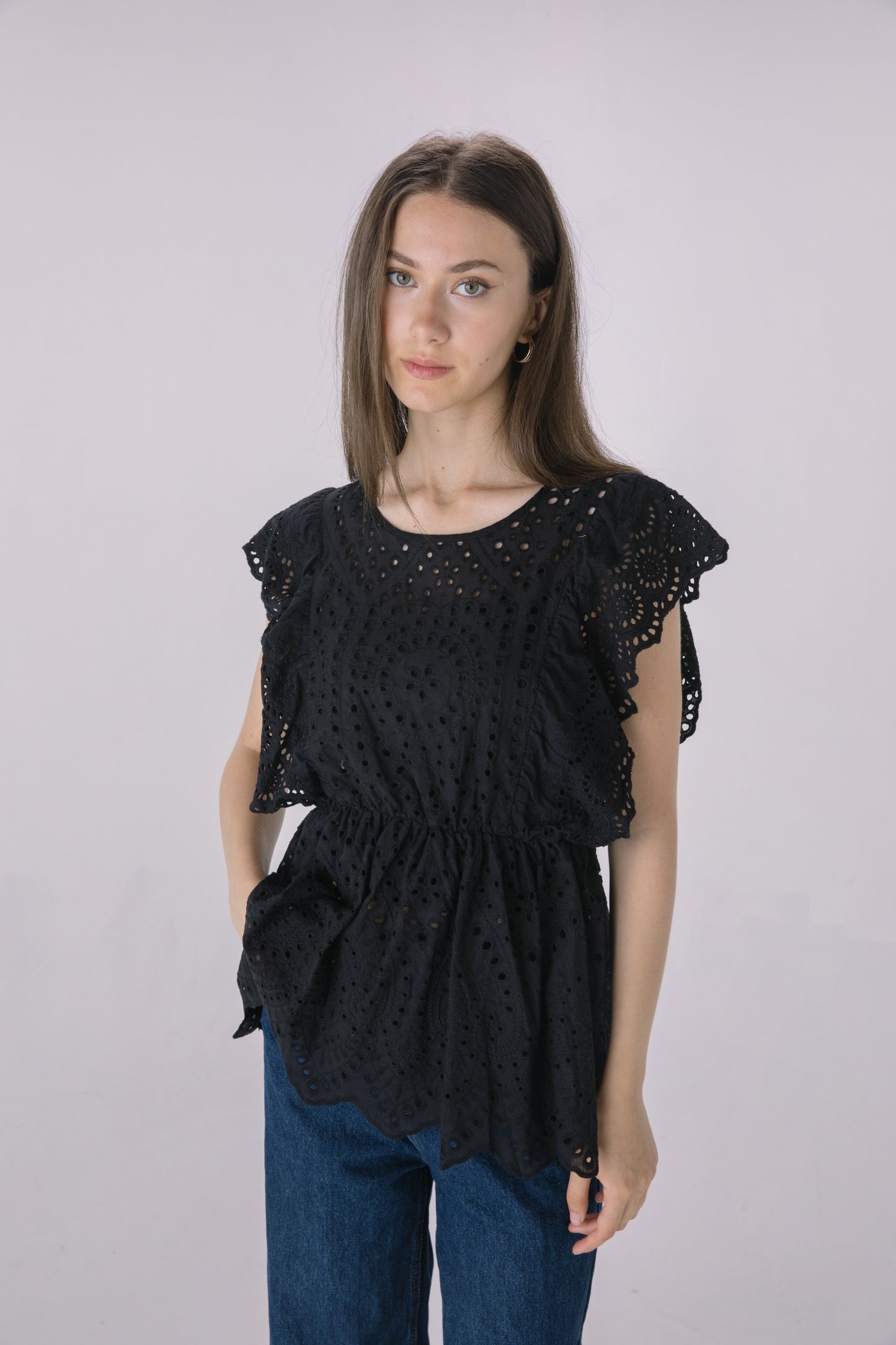 Black Eyelet Sleeveless Blouse