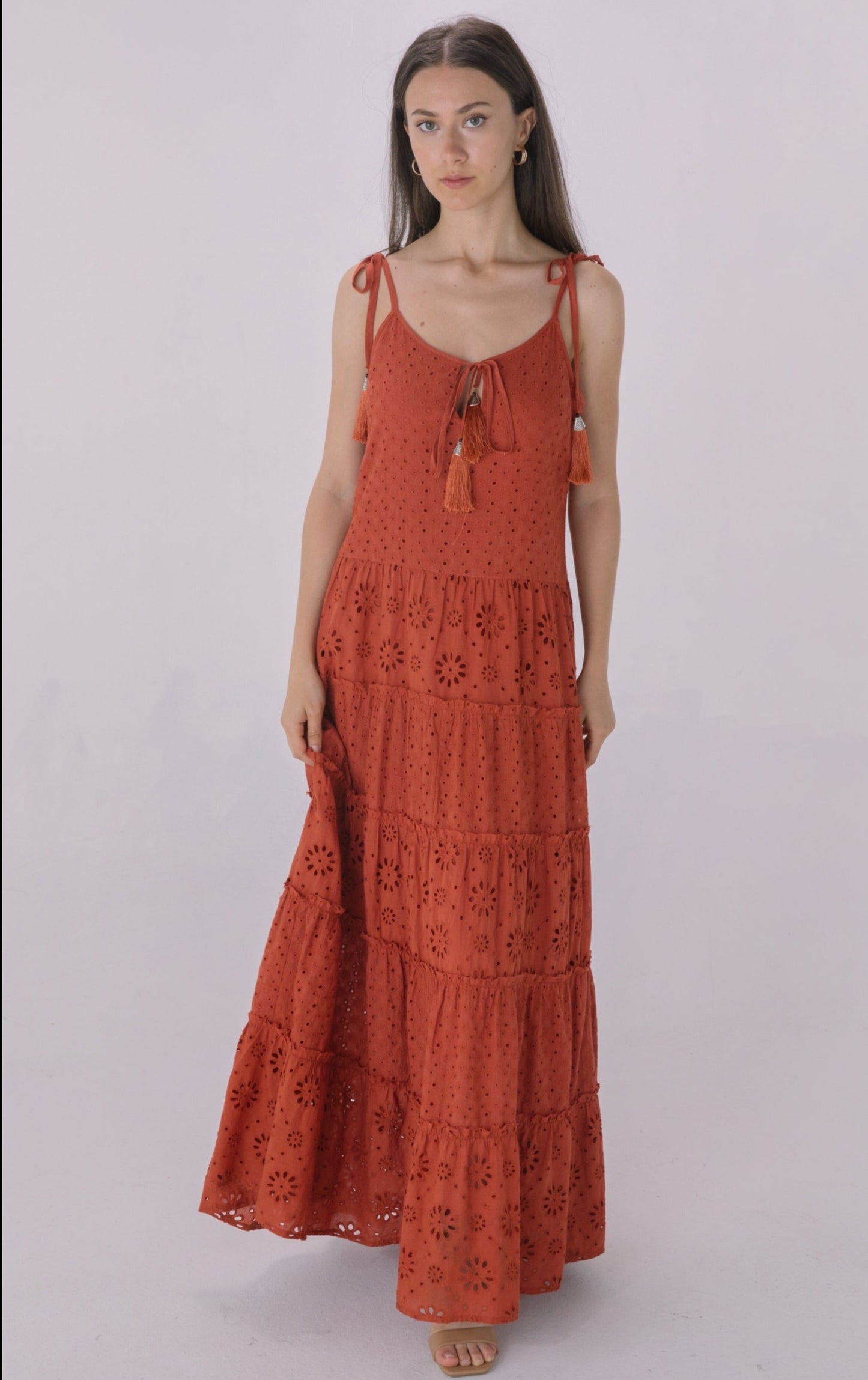 Rust Eyelet Tiered Maxi Dress