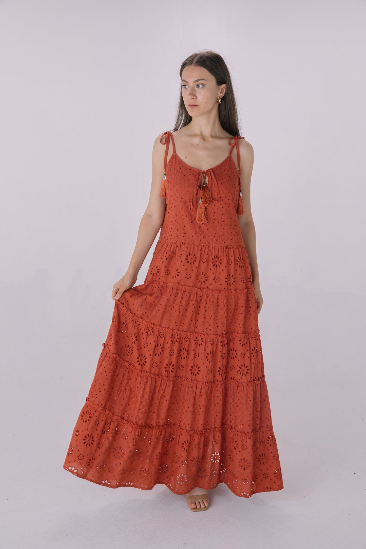 Rust Eyelet Tiered Maxi Dress
