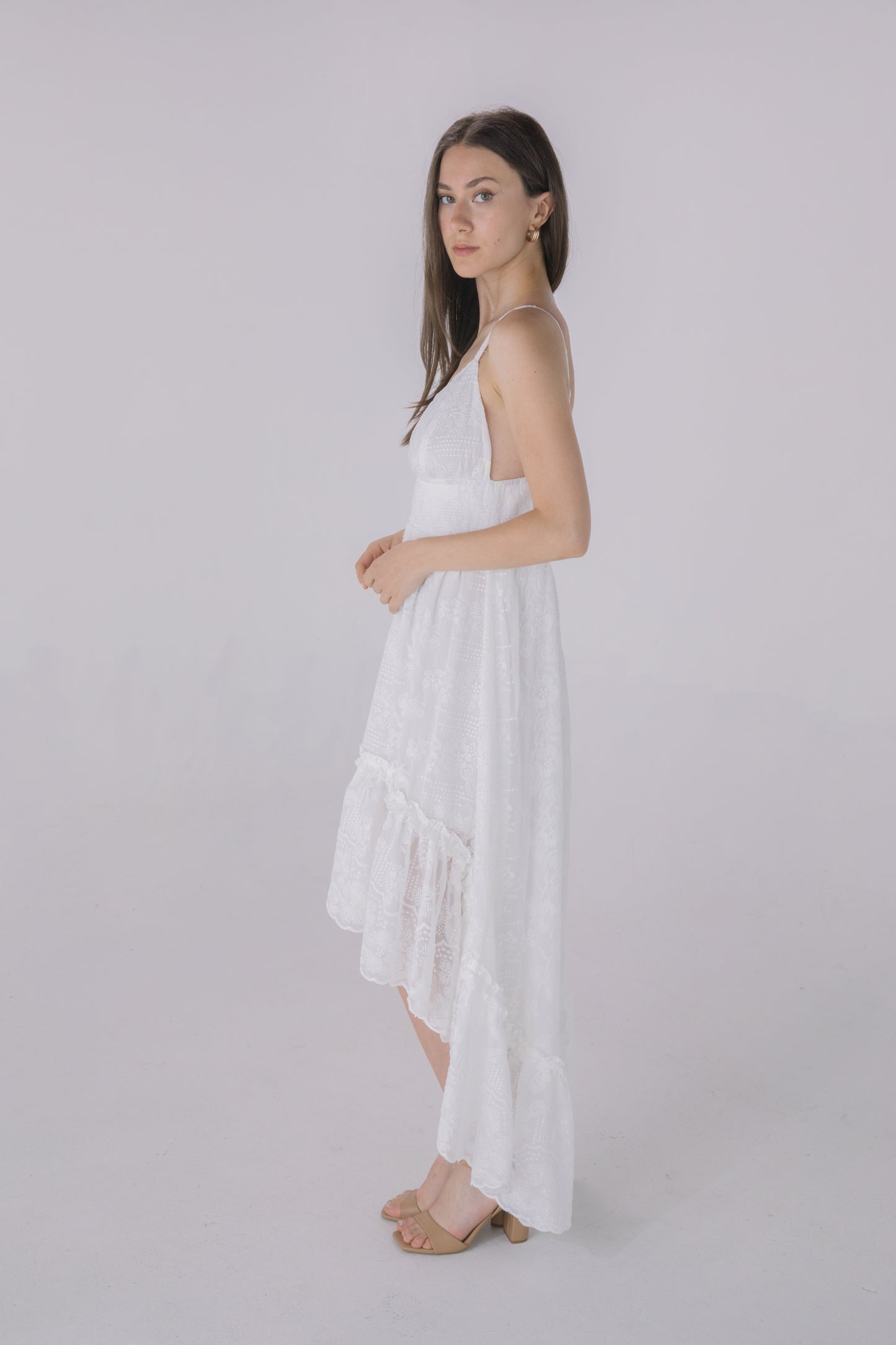 Ivory Crepe Embroidered Fabric High Low Dress