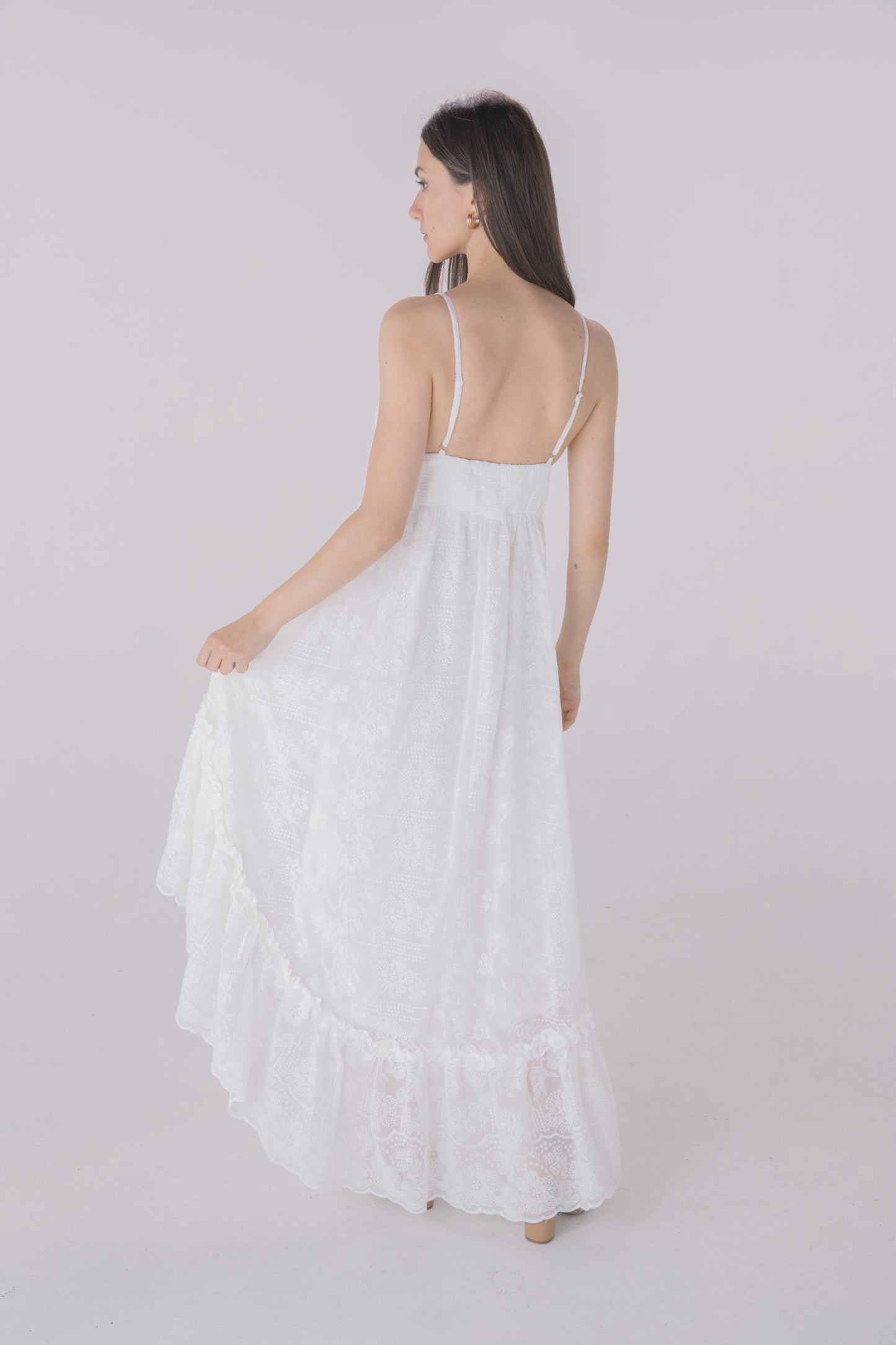 Ivory Crepe Embroidered Fabric High Low Dress