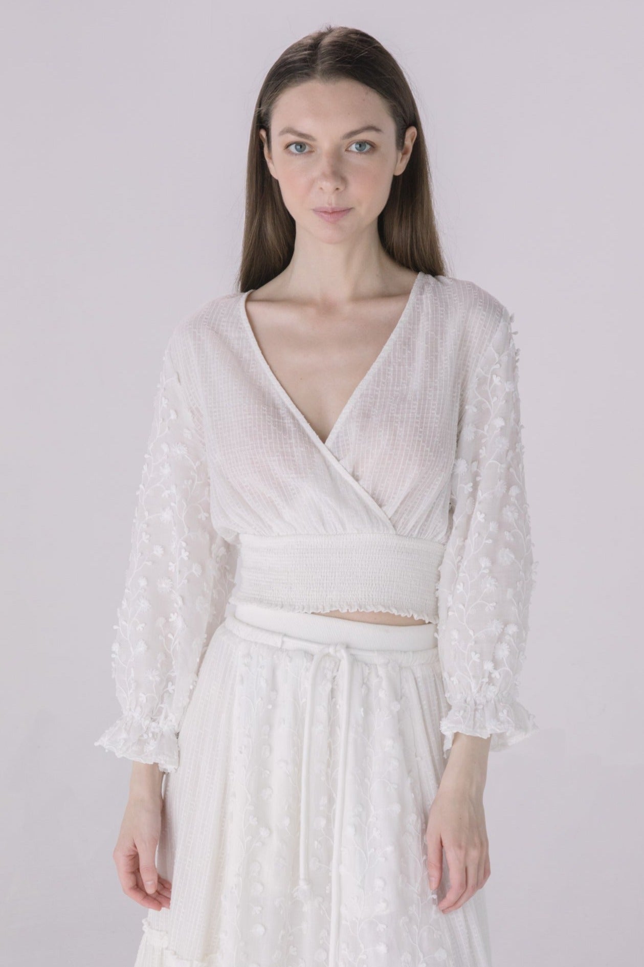 Ivory Crossover Smocked Crop Top