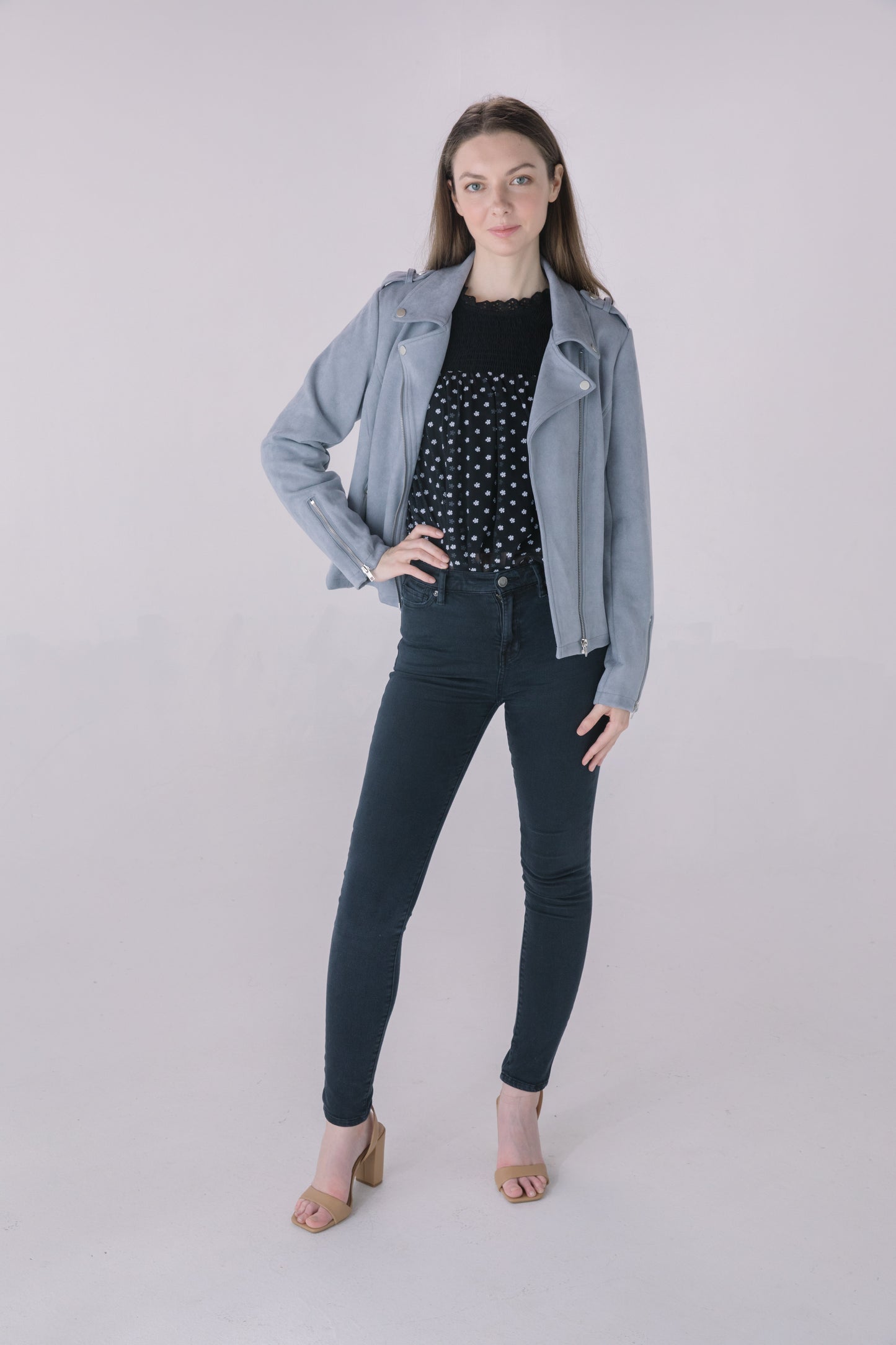 Muted Blue Faux Suede Moto Jacket
