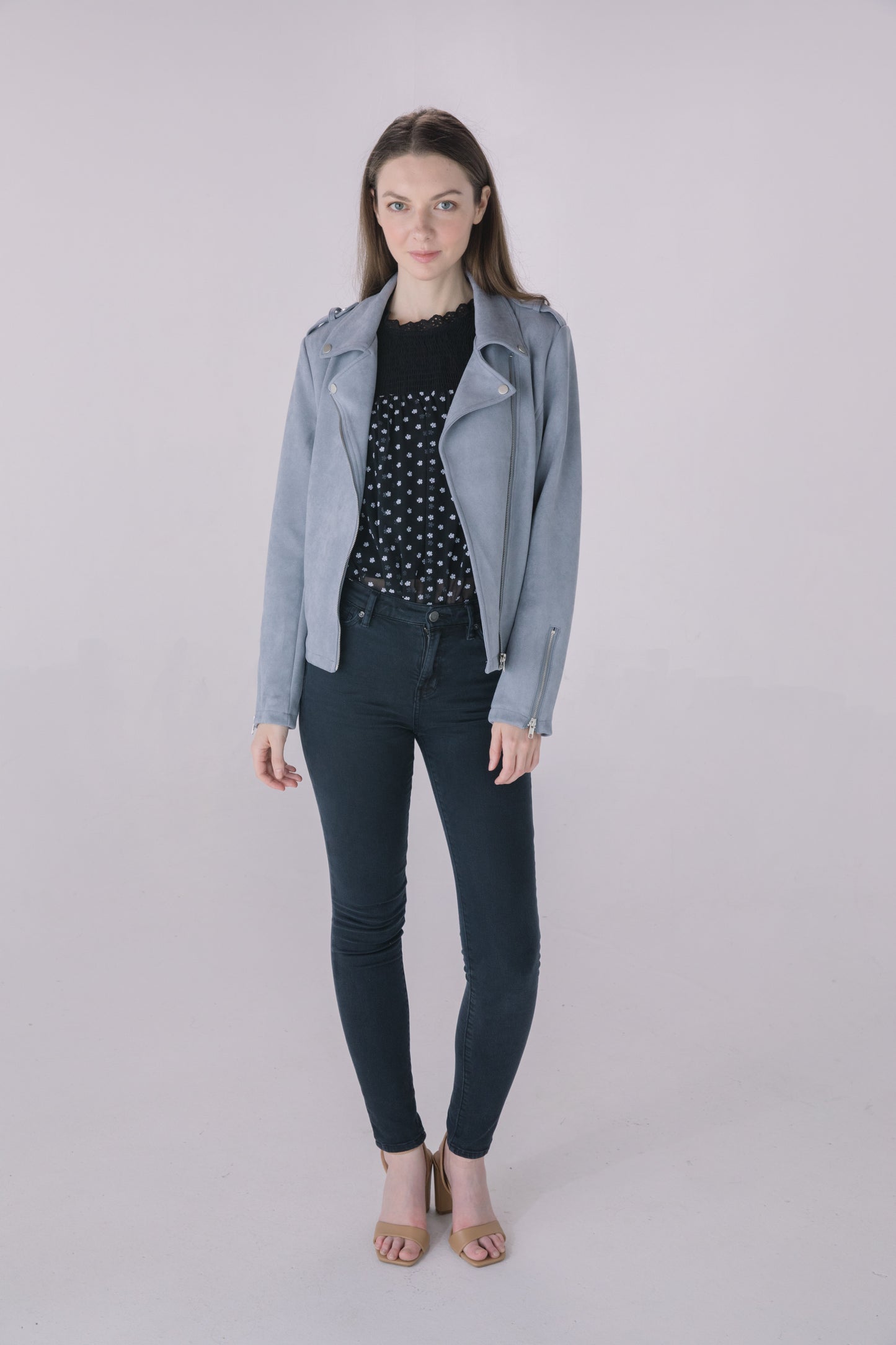 Muted Blue Faux Suede Moto Jacket