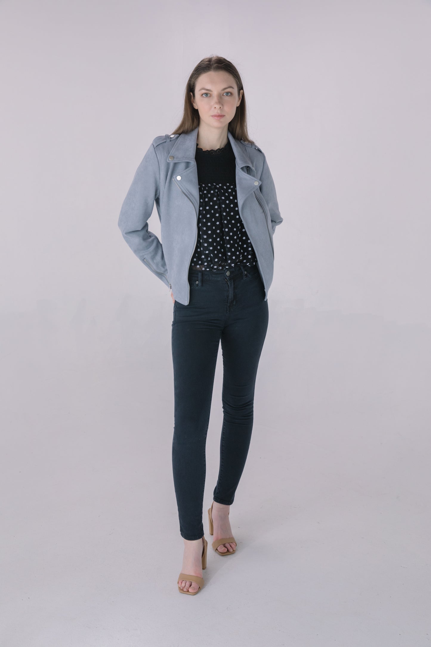 Muted Blue Faux Suede Moto Jacket