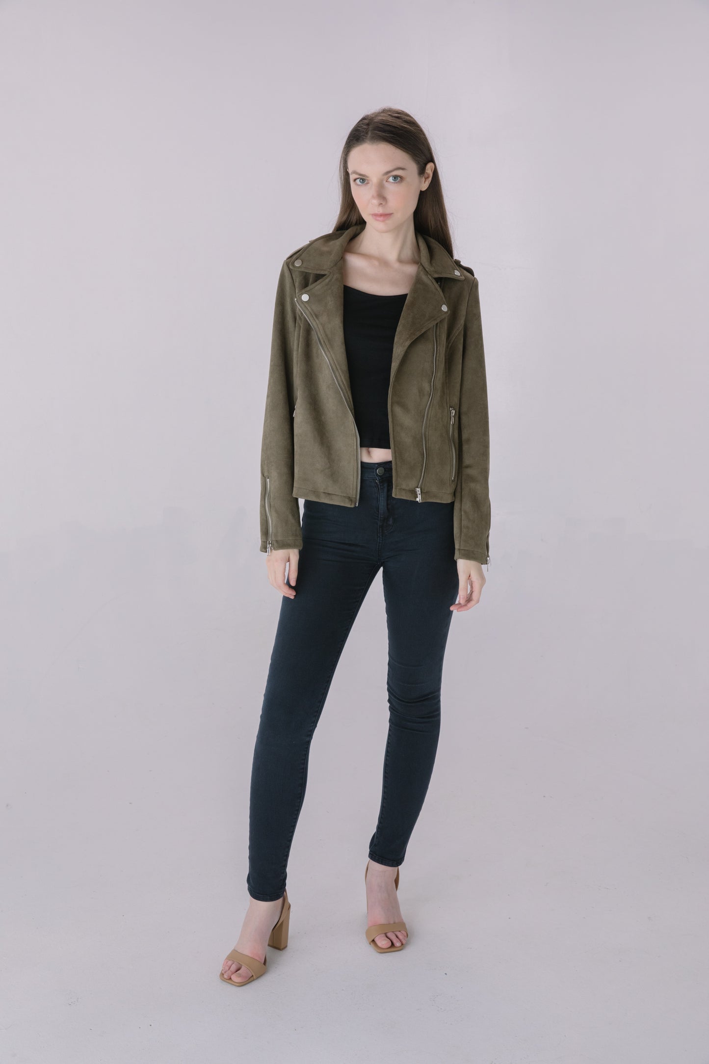 Dark Olive Faux Suede Moto Jacket