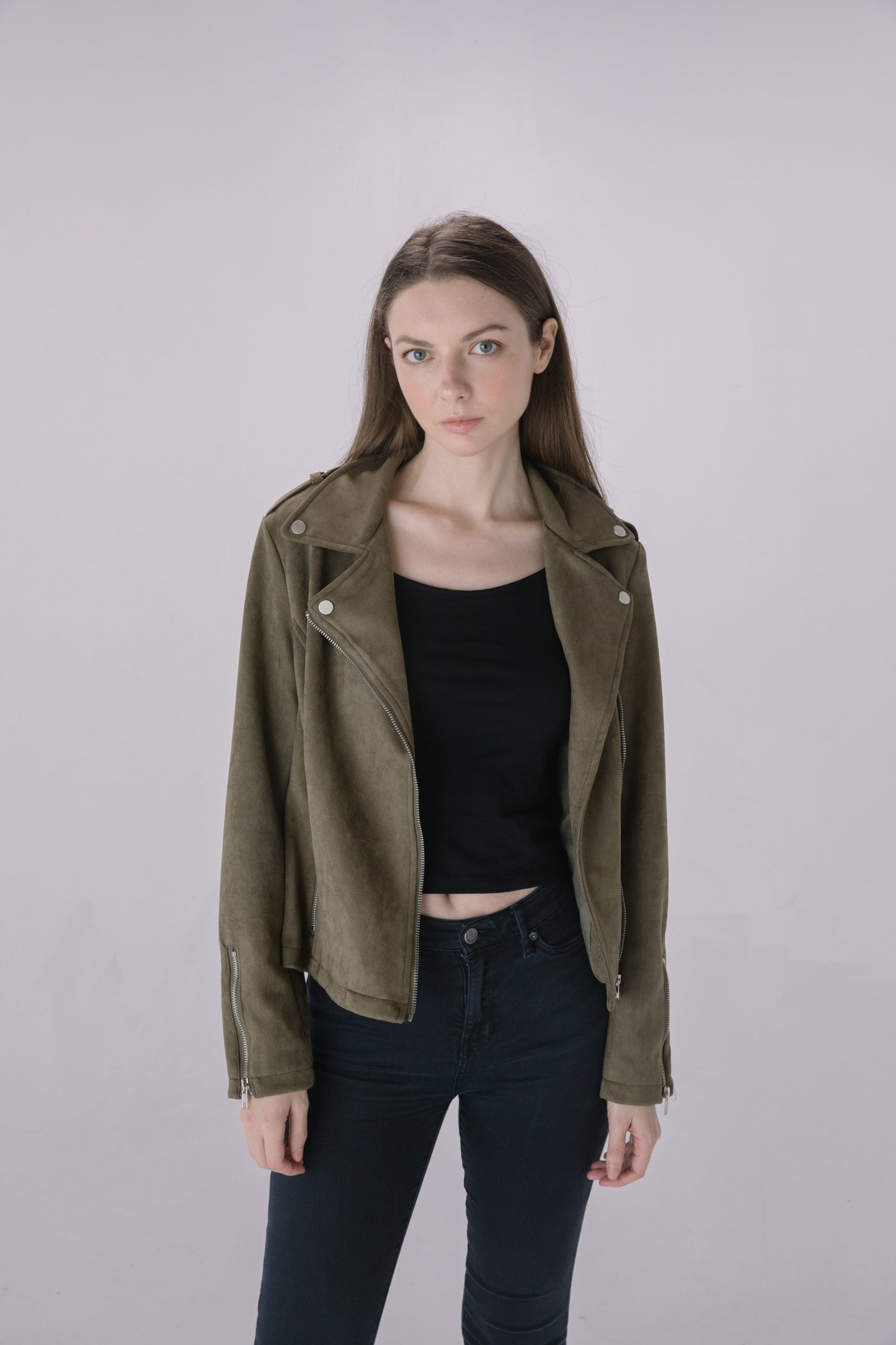 Dark Olive Faux Suede Moto Jacket
