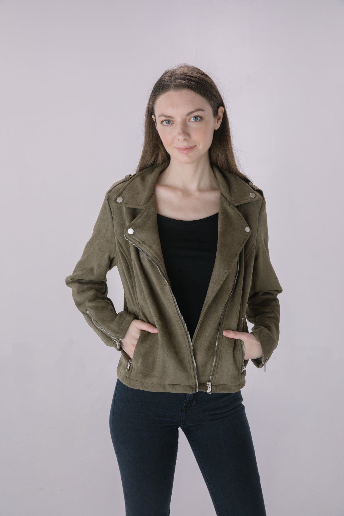 Dark Olive Faux Suede Moto Jacket