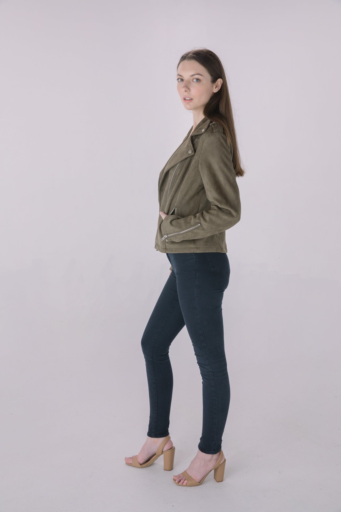 Dark Olive Faux Suede Moto Jacket