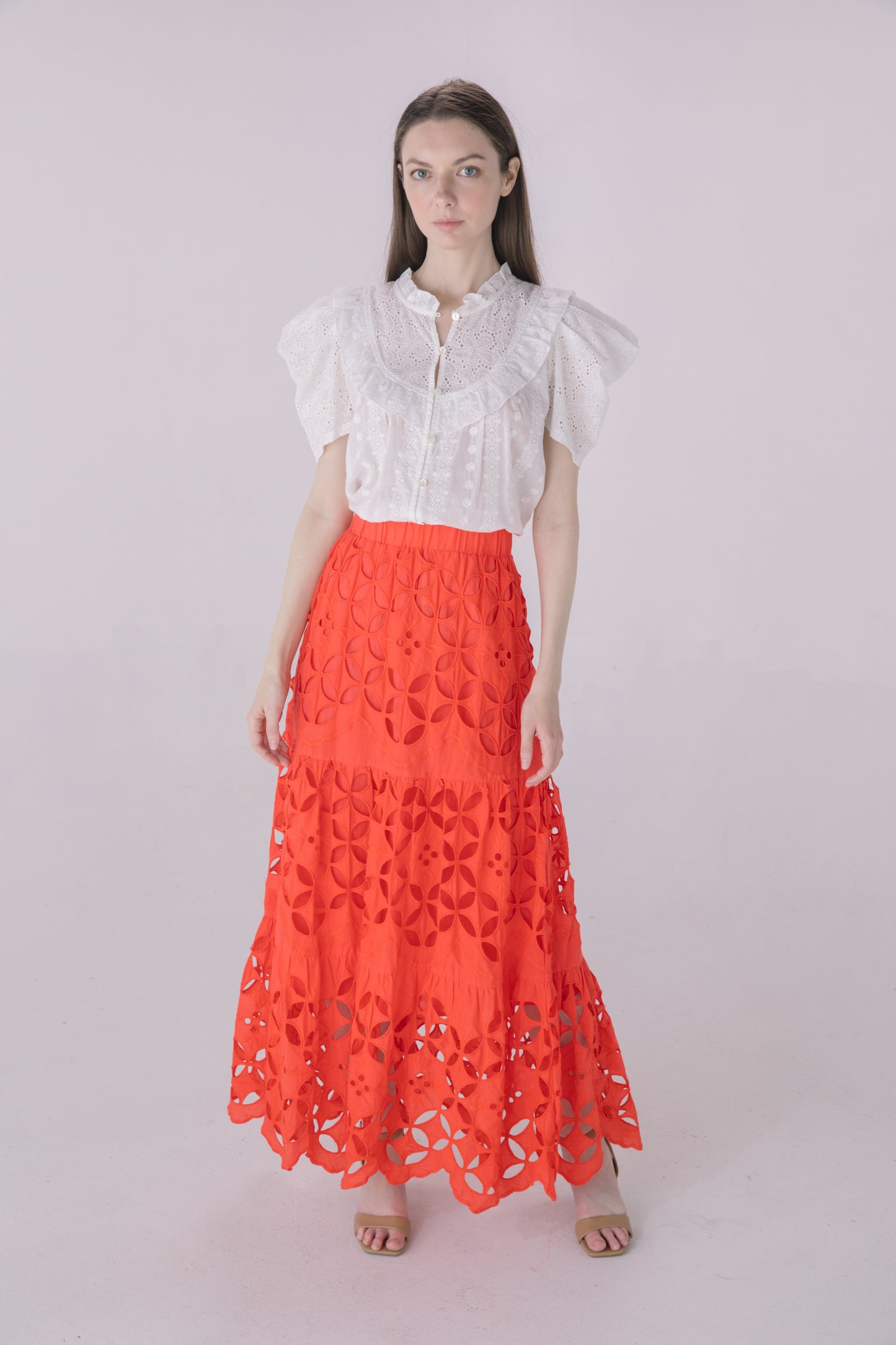 Ivory Eyelet Pleated Sleeve Blouse