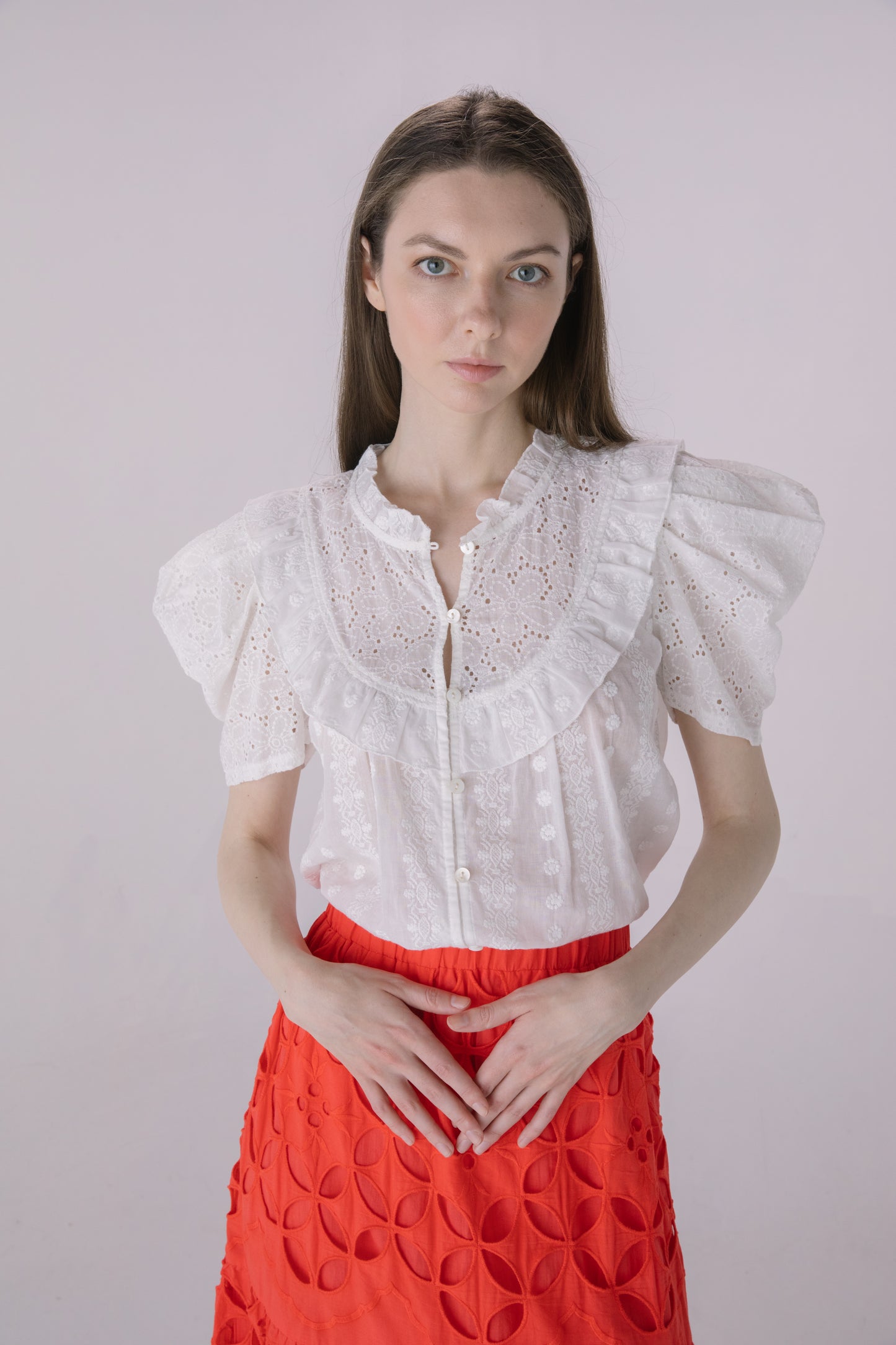 Ivory Eyelet Pleated Sleeve Blouse