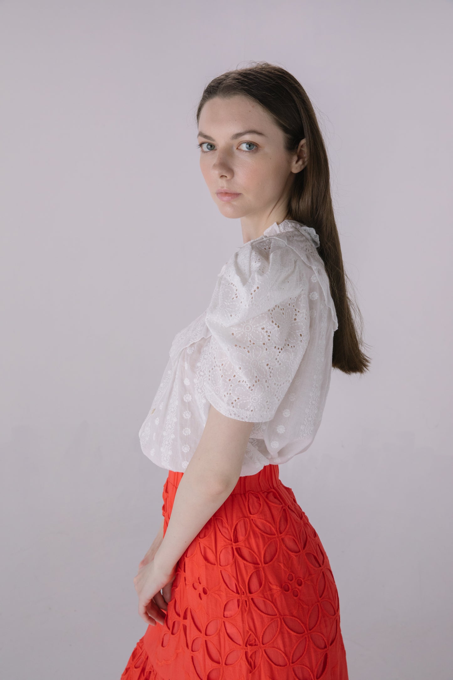 Ivory Eyelet Pleated Sleeve Blouse
