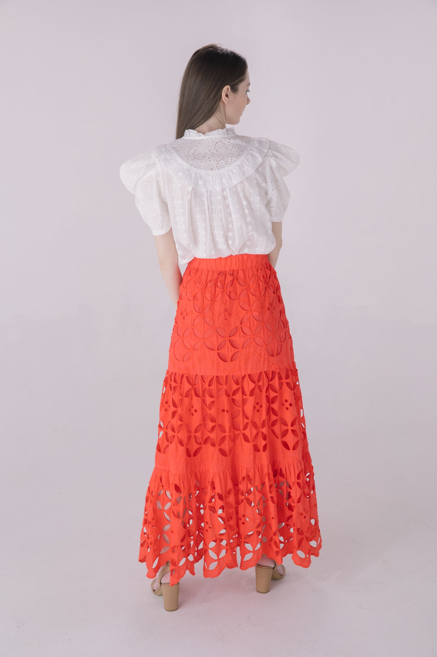 Ivory Eyelet Pleated Sleeve Blouse
