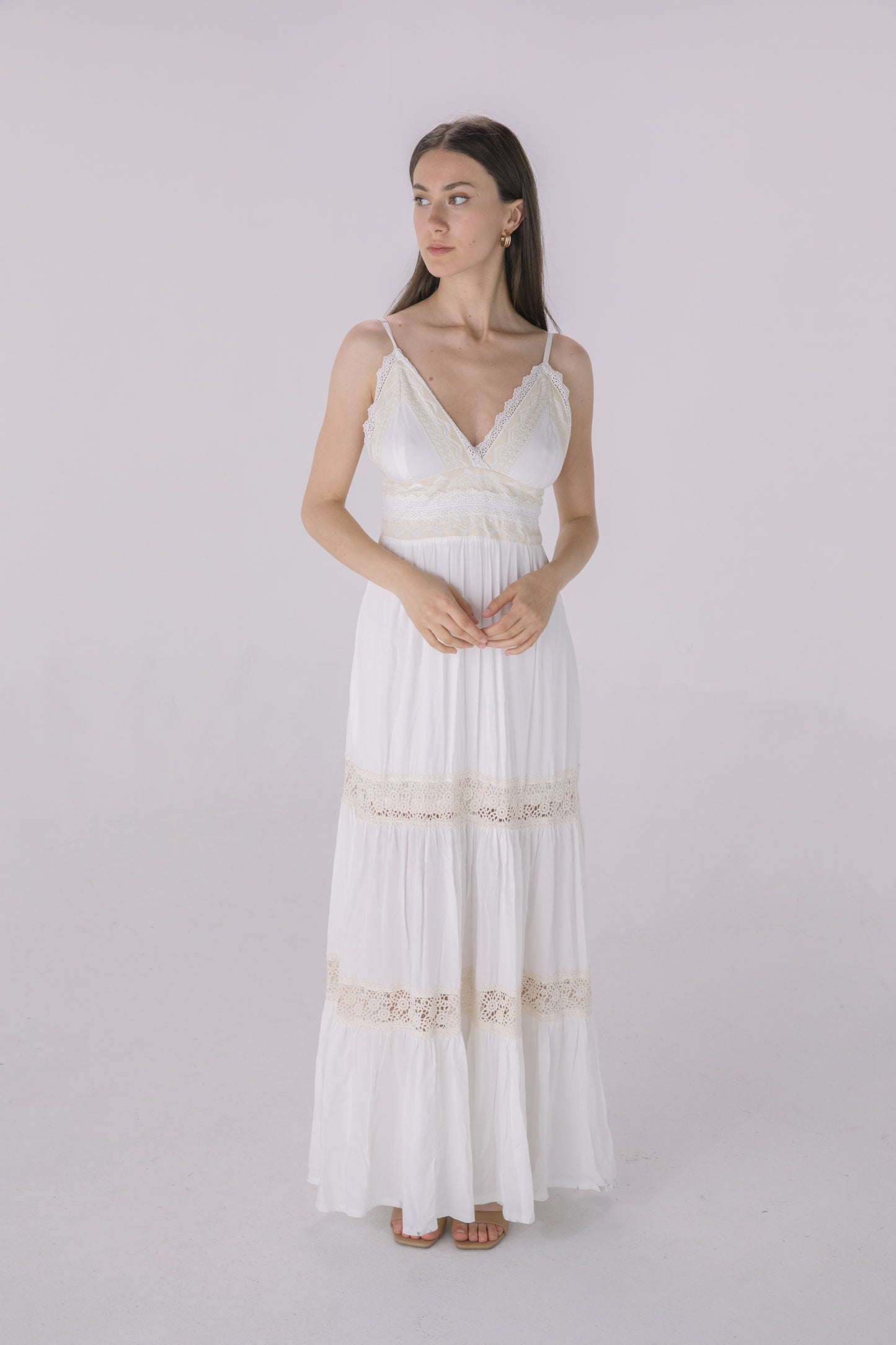Ivory/Beige Crochet Inset Embroidery Halter Maxi Dress