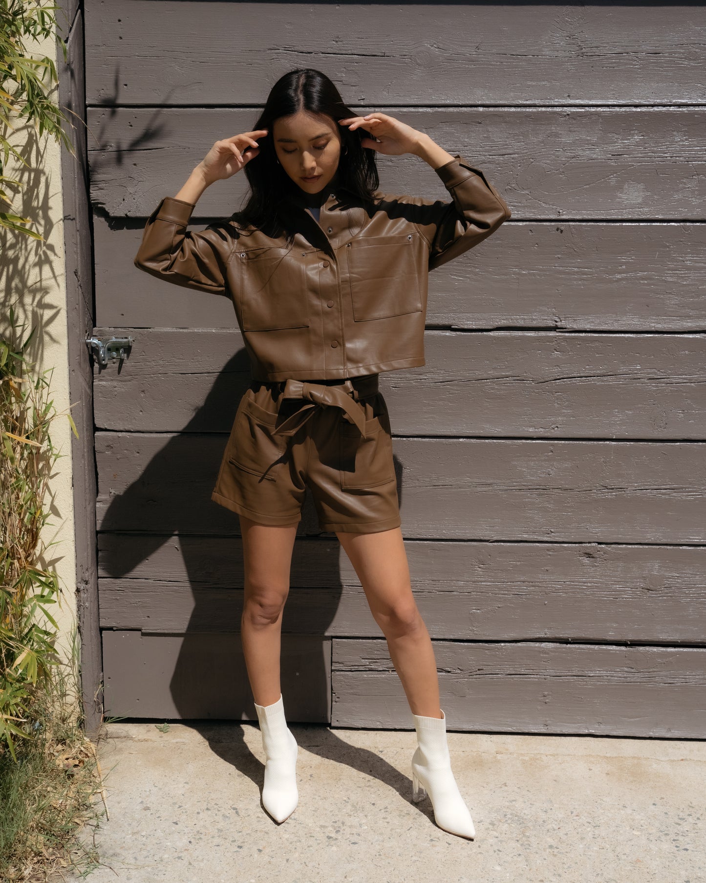 Dark Brown Faux Leather Button Down