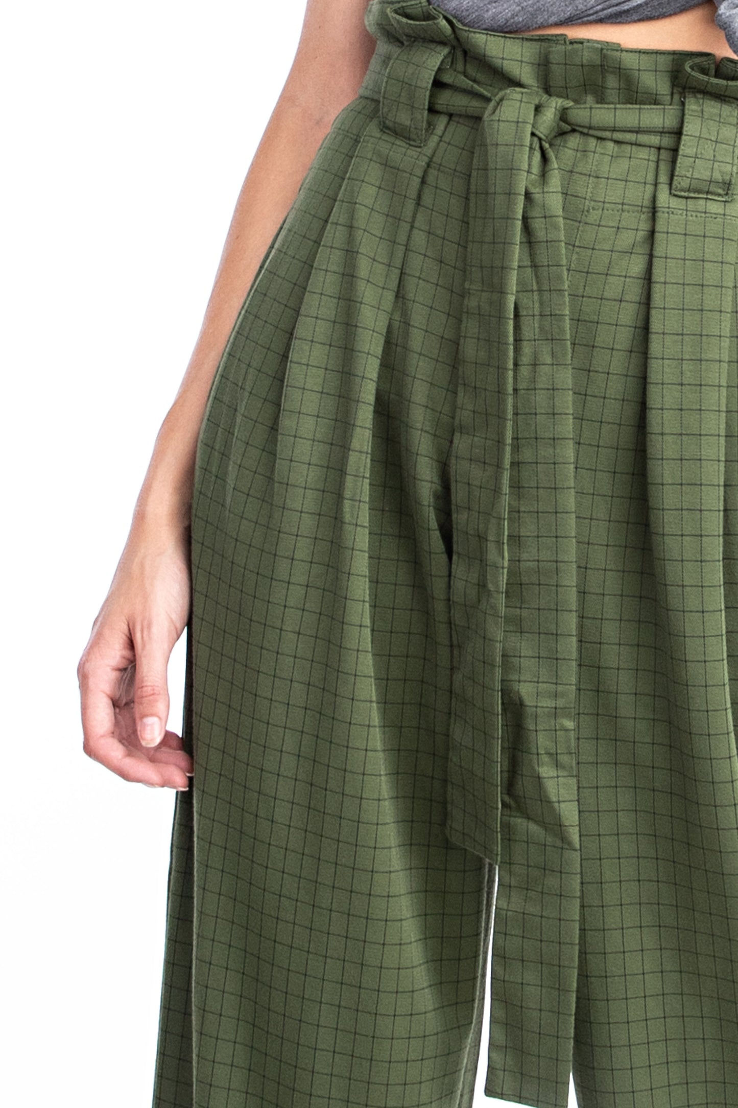 Olive Plaid Paper Bag Pant - Solitaire Fashions