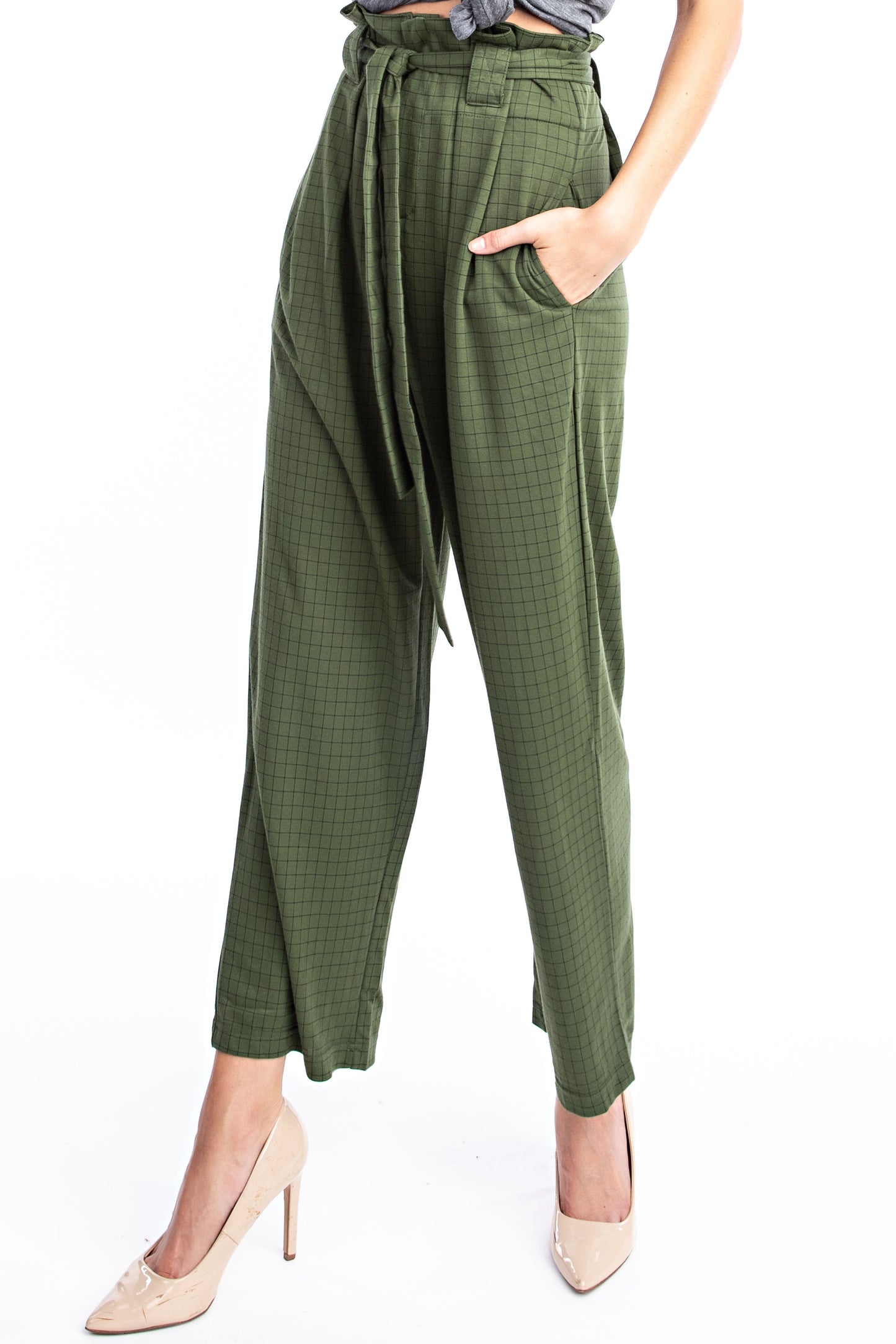Olive Plaid Paper Bag Pant - Solitaire Fashions