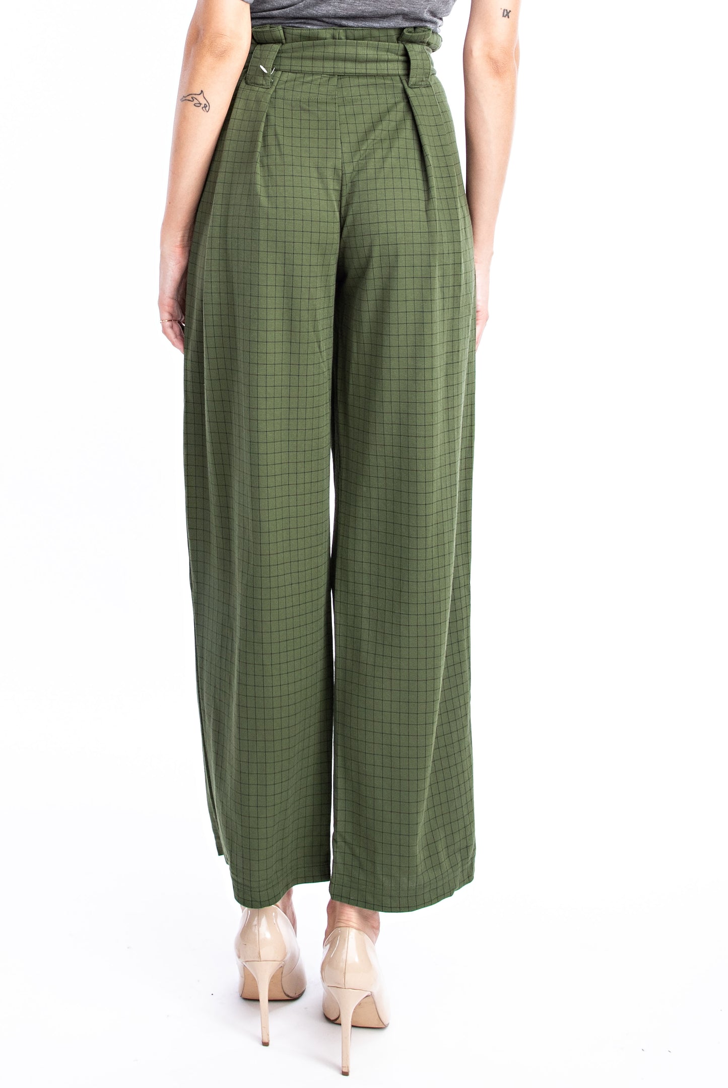 Olive Plaid Paper Bag Pant - Solitaire Fashions