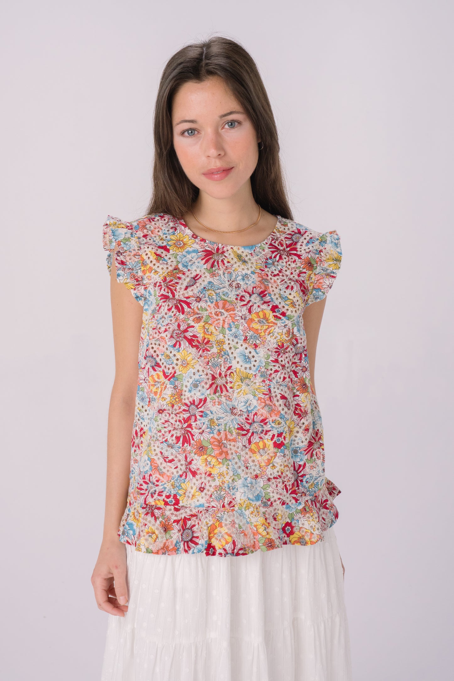 Red Tropical Printed Eyelet Tank