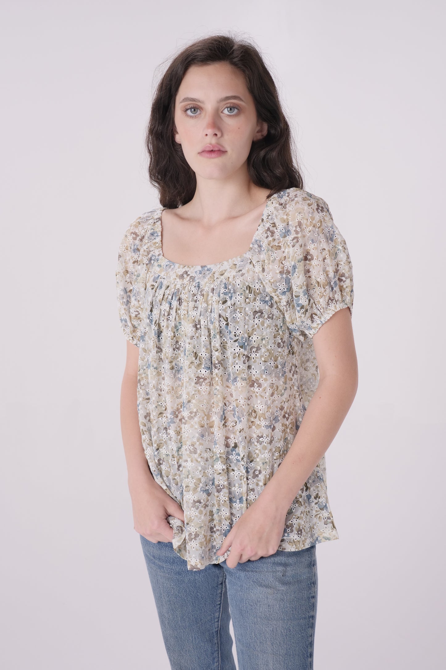 Floral Eyelet Chiffon Square Neck Top