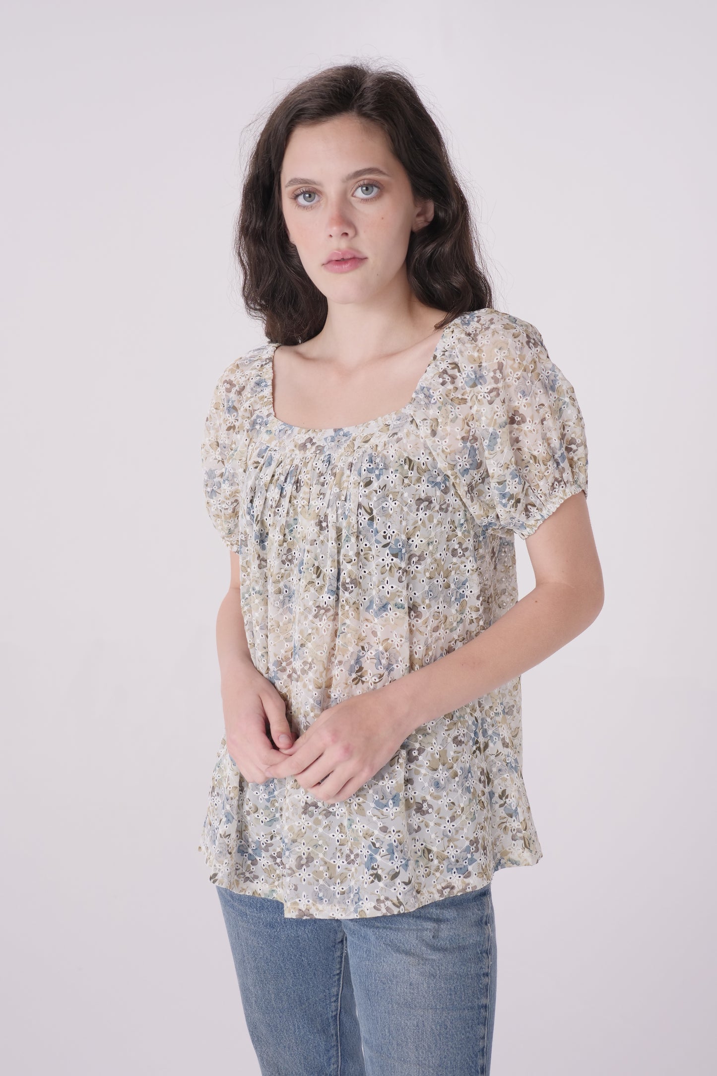 Floral Eyelet Chiffon Square Neck Top