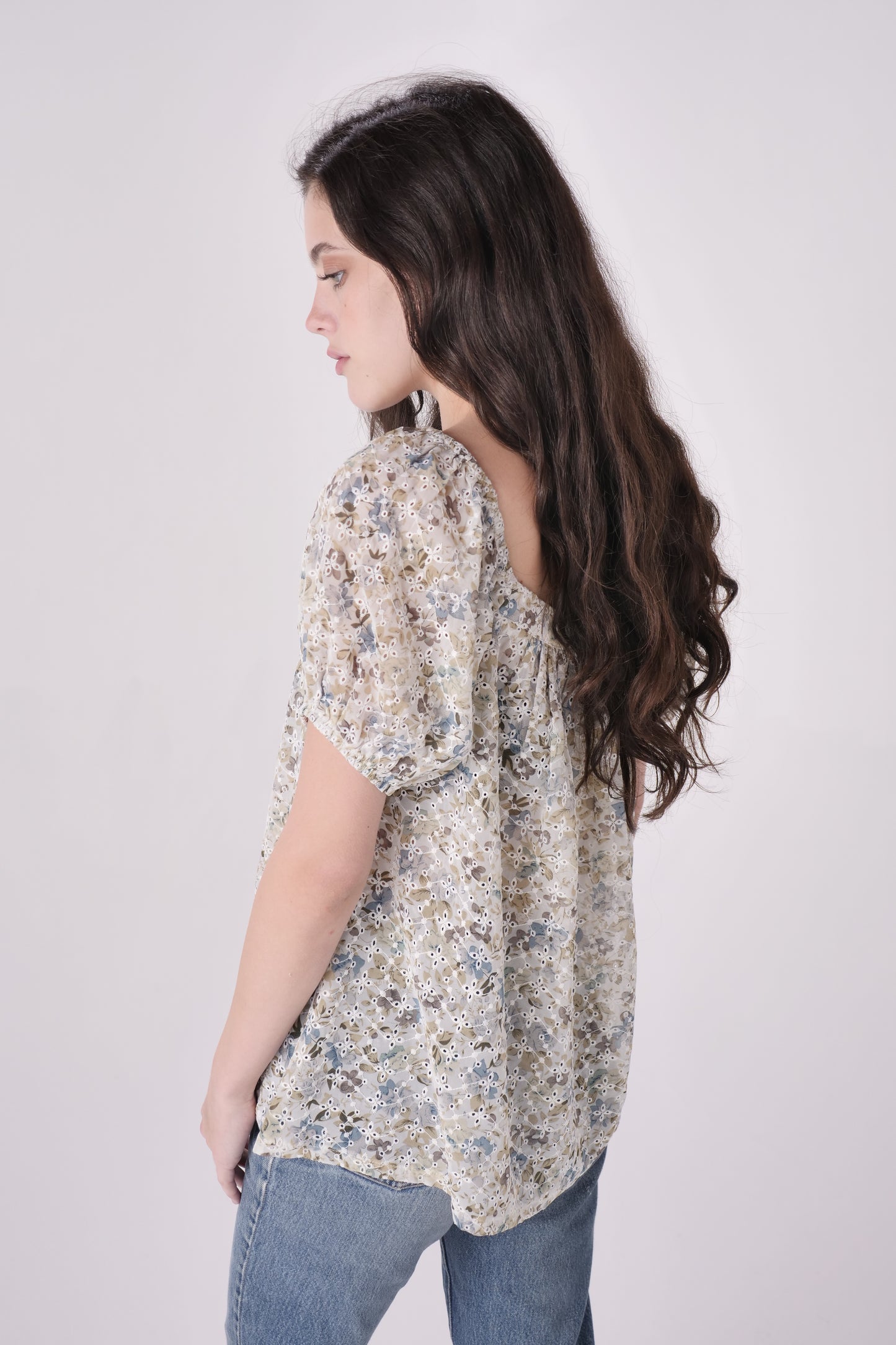 Floral Eyelet Chiffon Square Neck Top