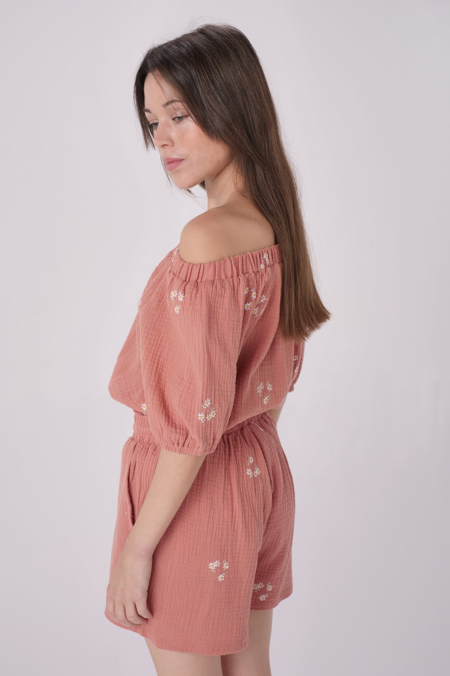 Terracotta Double Gauze Embroidered Off Shoulder Top