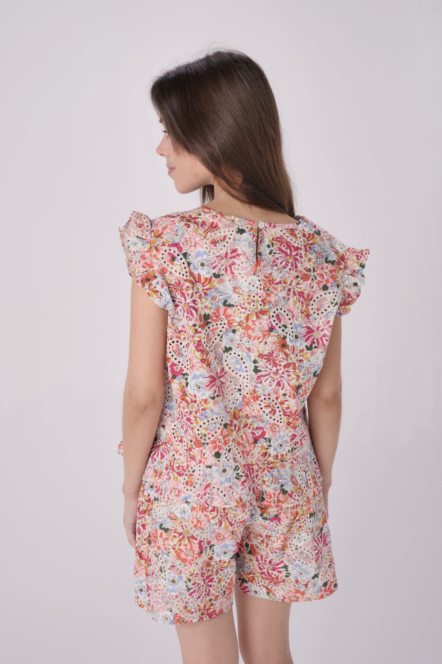 Pink Tropical Floral Printed Eyelet Short