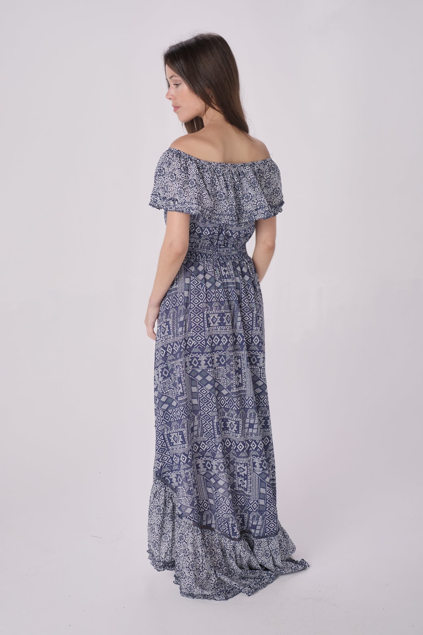 Navy Tribal Printed Off Shoulder High Low Dress