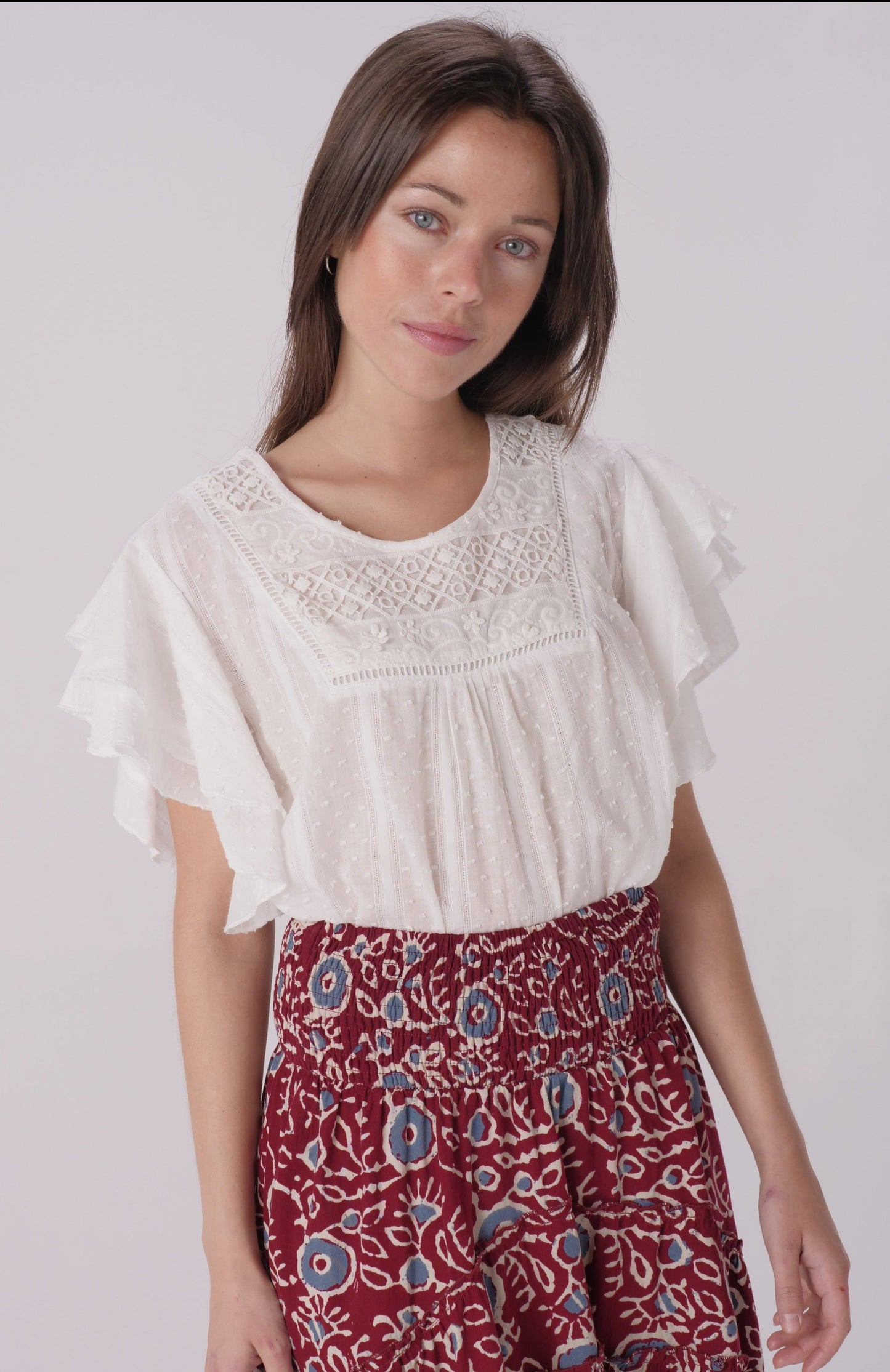 Ivory Textured Flutter Sleeve Blouse