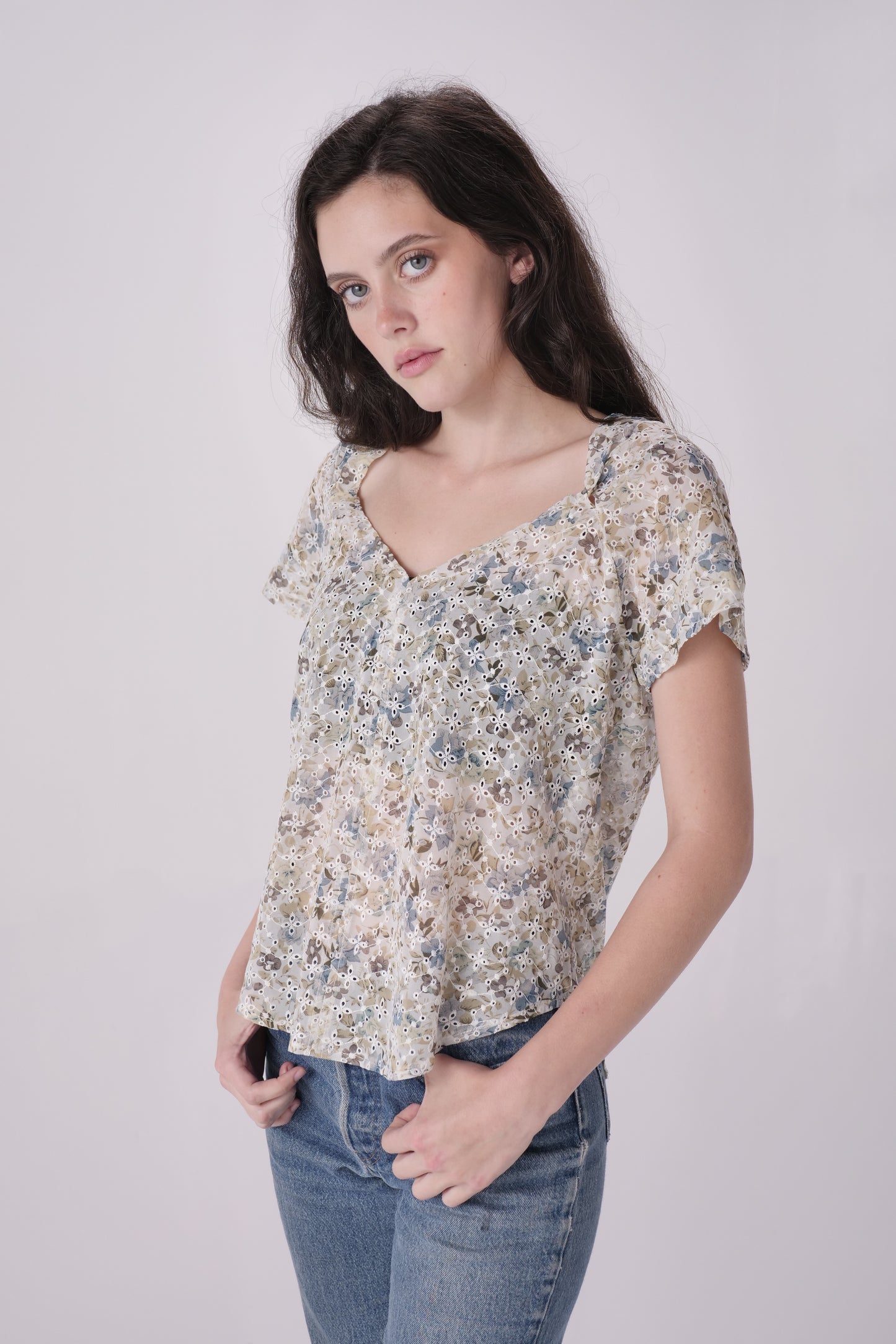 Floral Eyelet Chiffon V-Neck Tee