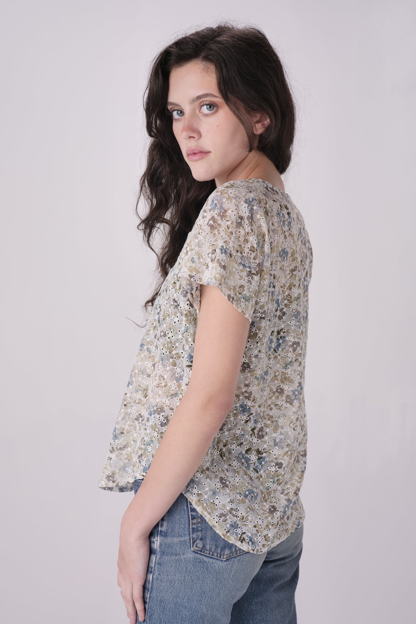 Floral Eyelet Chiffon V-Neck Tee