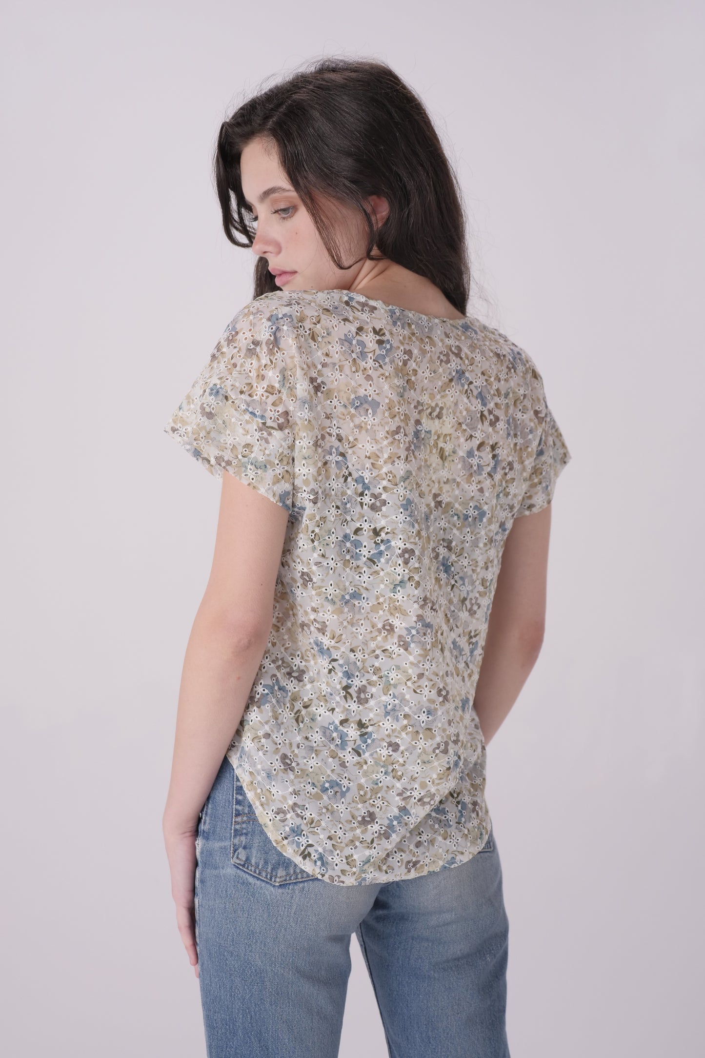 Floral Eyelet Chiffon V-Neck Tee