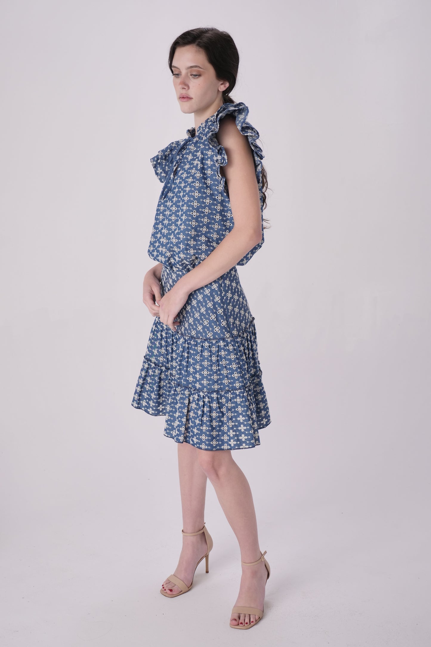 Denim Eyelet Flutter Sleeve Top