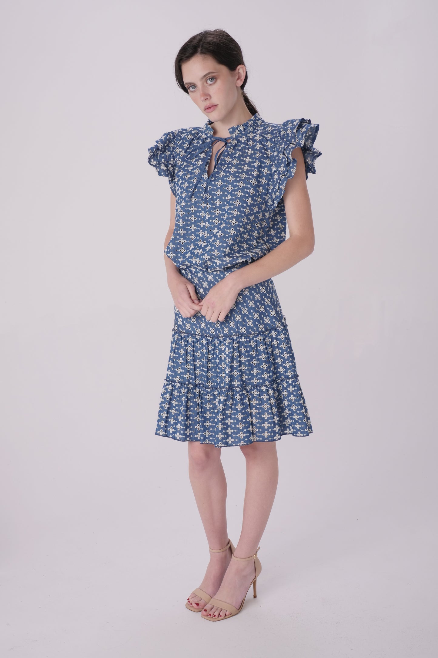 Denim Eyelet Flutter Sleeve Top